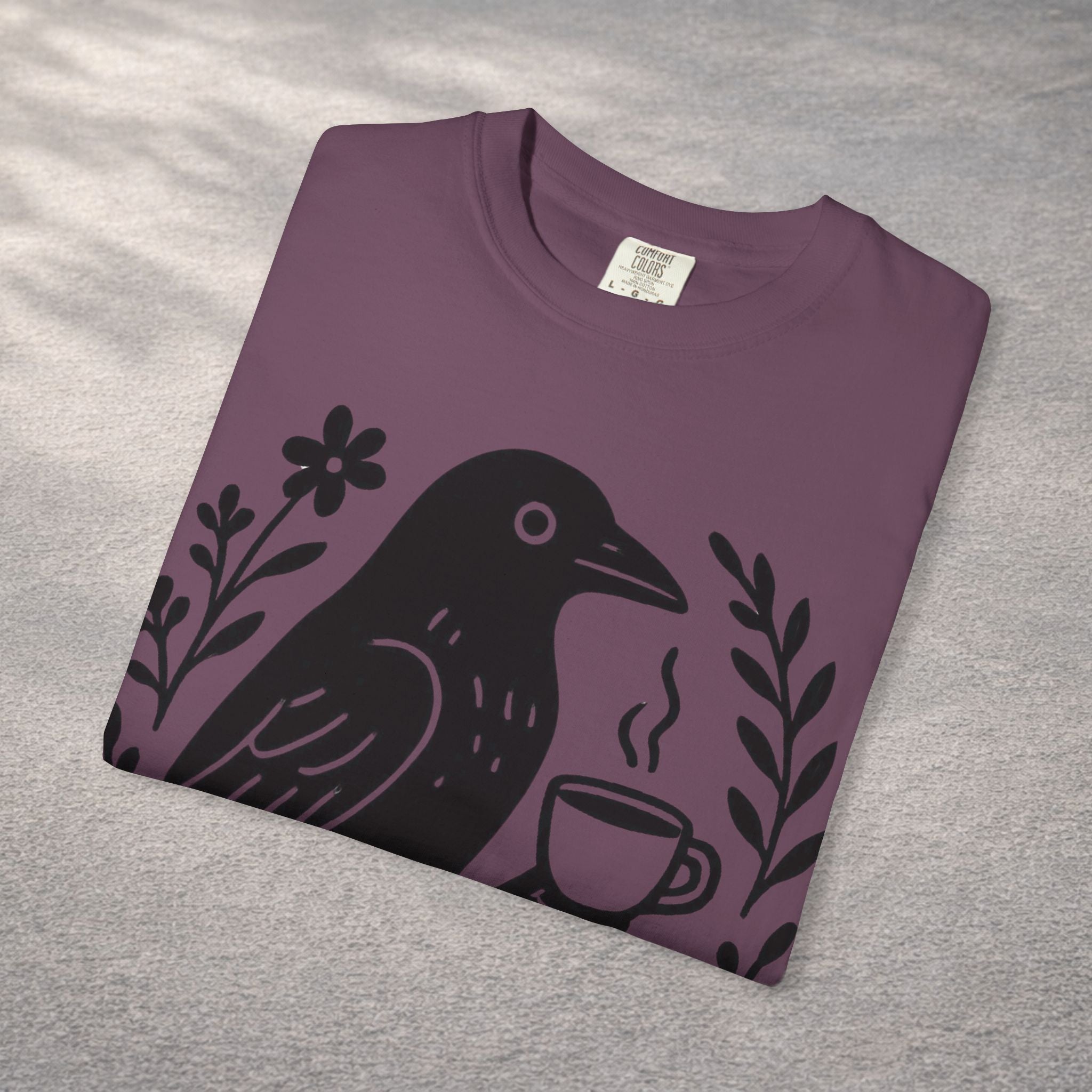 Cute Crow Drinking Coffee T-Shirt — Funny Coffee Bird Tee