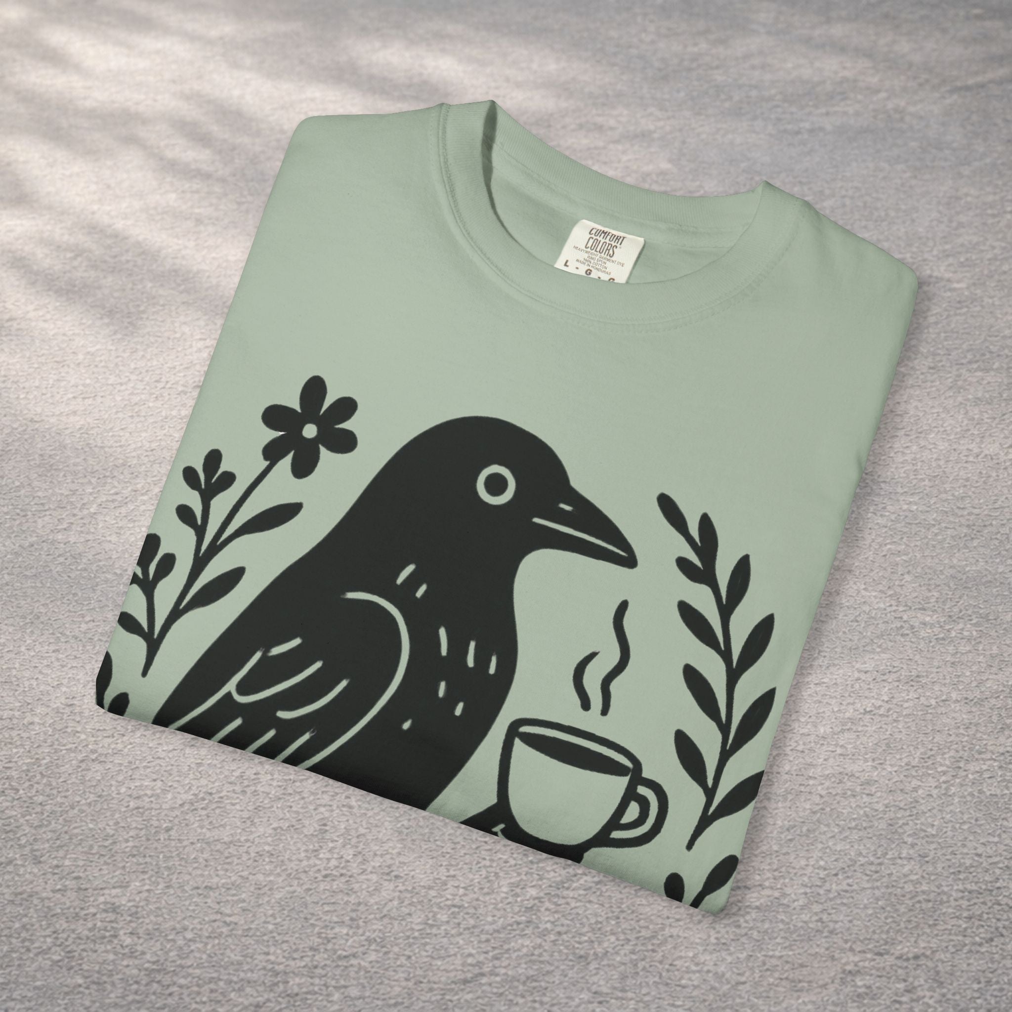 Cute Crow Drinking Coffee T-Shirt — Funny Coffee Bird Tee