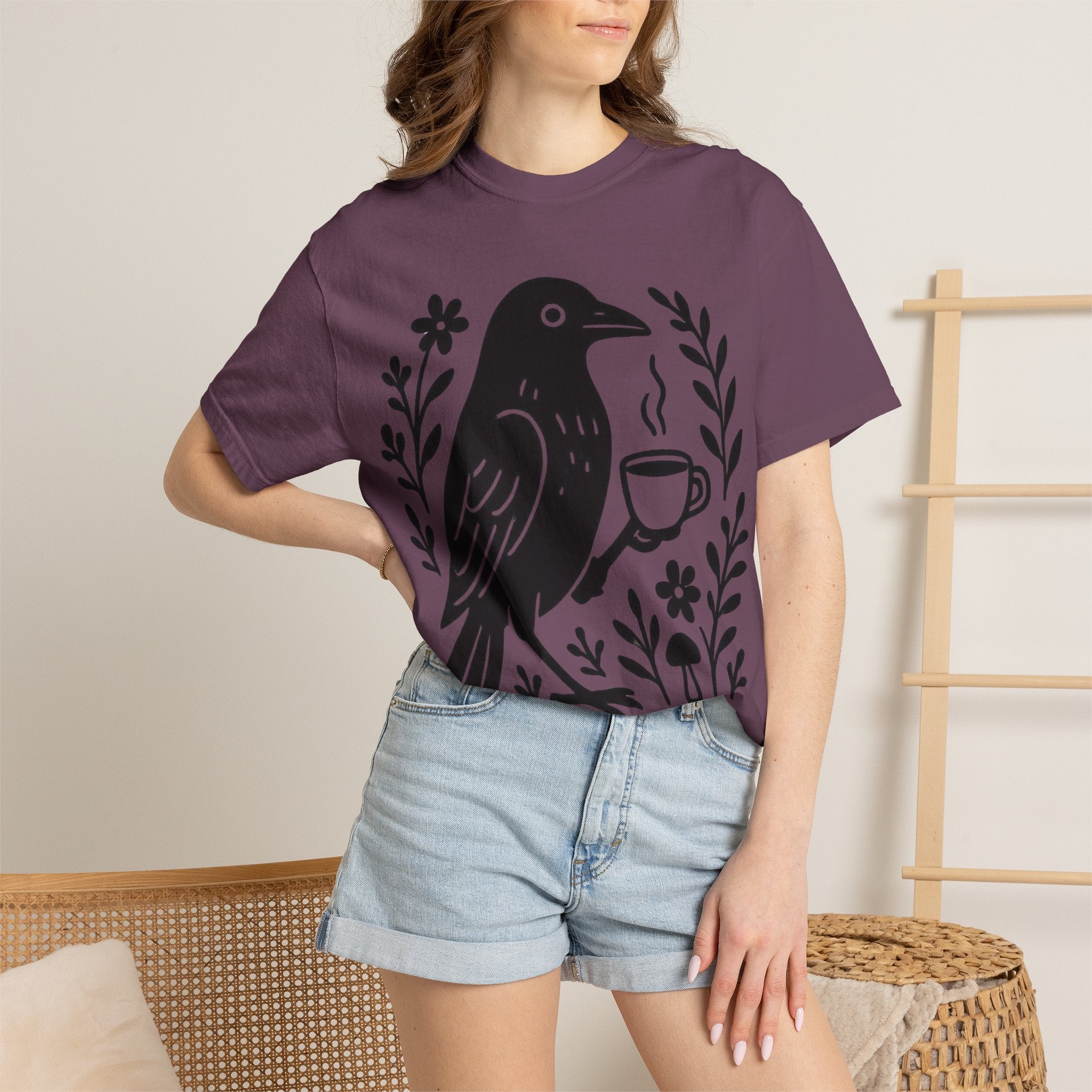 Cute Crow Drinking Coffee T-Shirt — Funny Coffee Bird Tee
