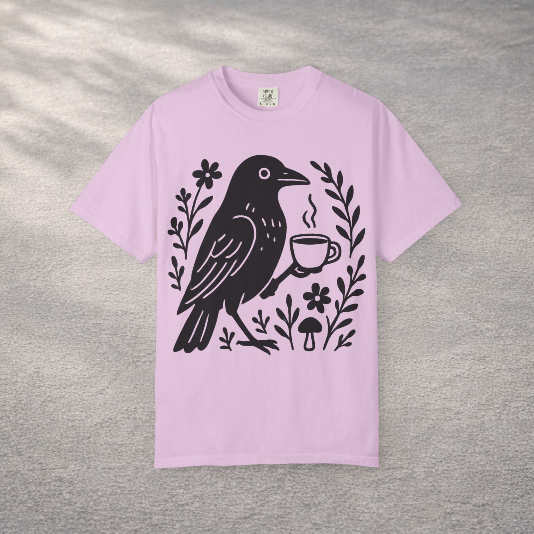 Cute Crow Drinking Coffee T-Shirt — Funny Coffee Bird Tee