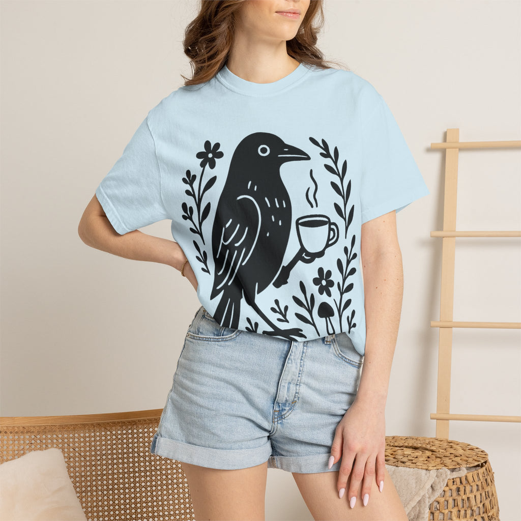 Cute Crow Drinking Coffee T-Shirt — Funny Coffee Bird Tee