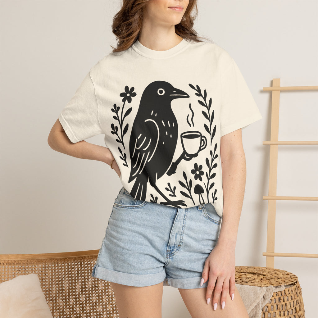 Cute Crow Drinking Coffee T-Shirt — Funny Coffee Bird Tee