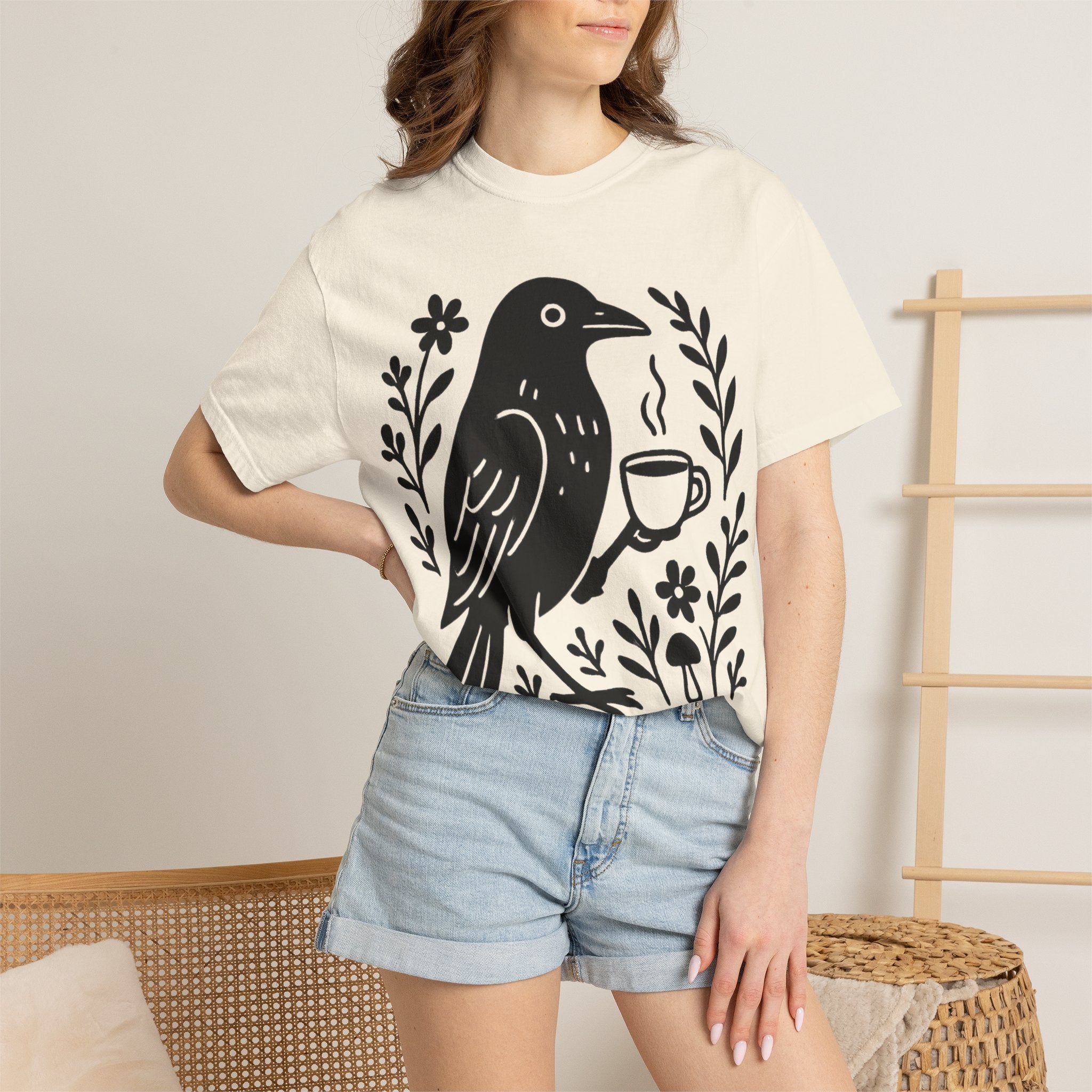 Cute Crow Drinking Coffee T-Shirt — Funny Coffee Bird Tee
