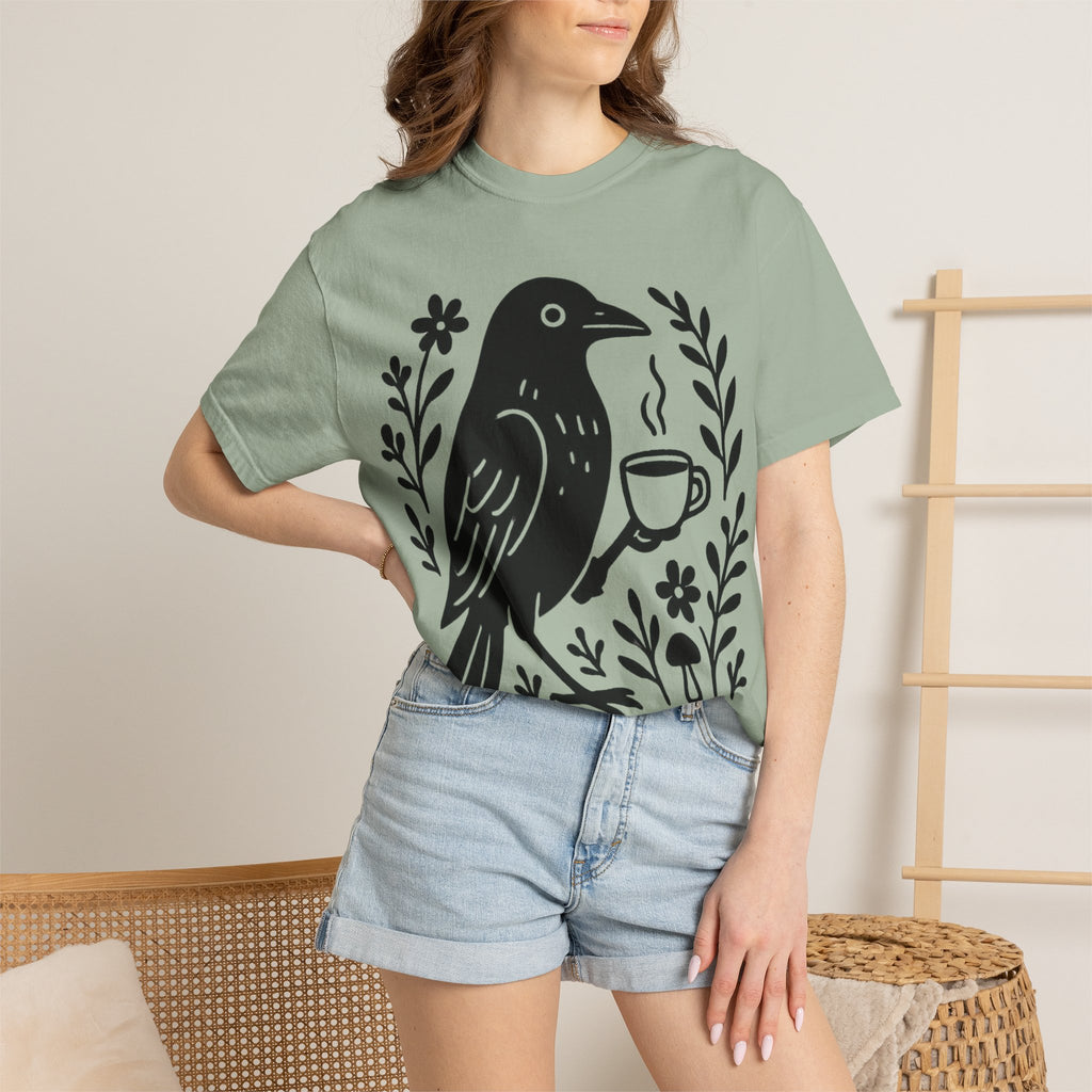 Cute Crow Drinking Coffee T-Shirt — Funny Coffee Bird Tee