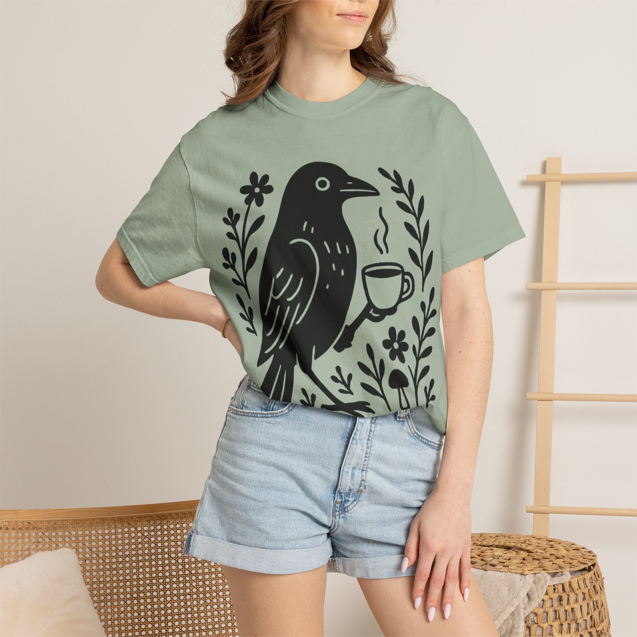 Cute Crow Drinking Coffee T-Shirt — Funny Coffee Bird Tee