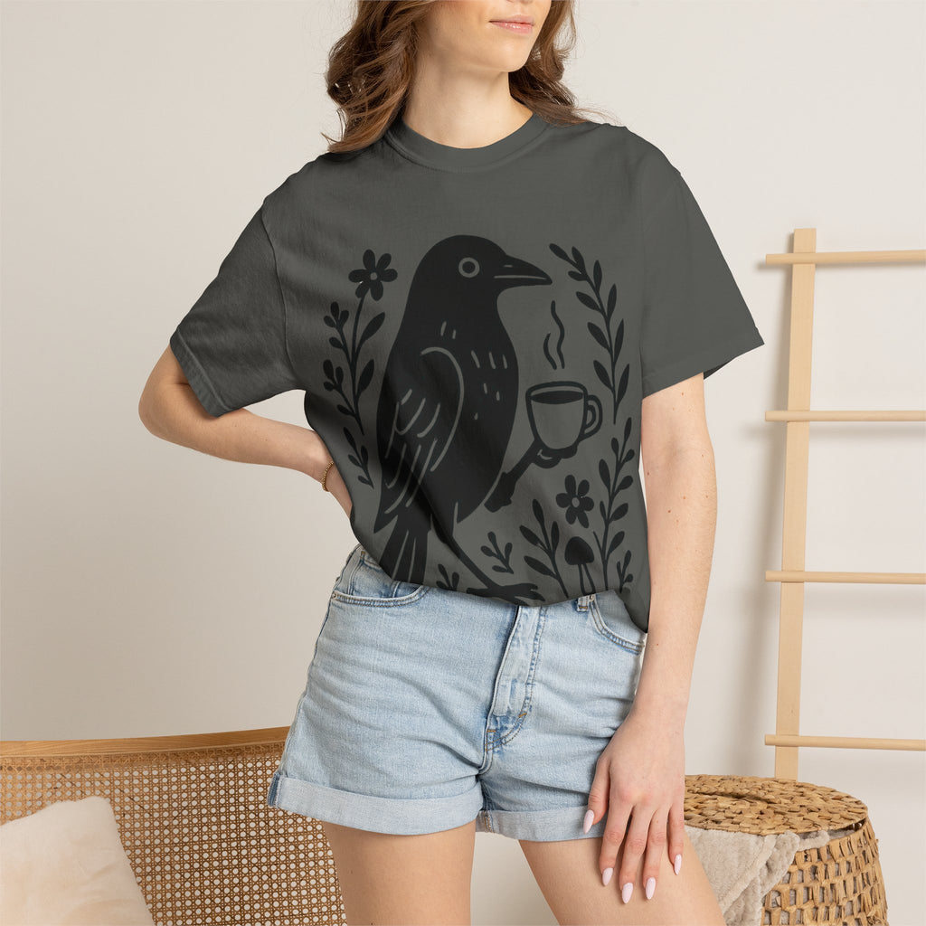 Cute Crow Drinking Coffee T-Shirt — Funny Coffee Bird Tee