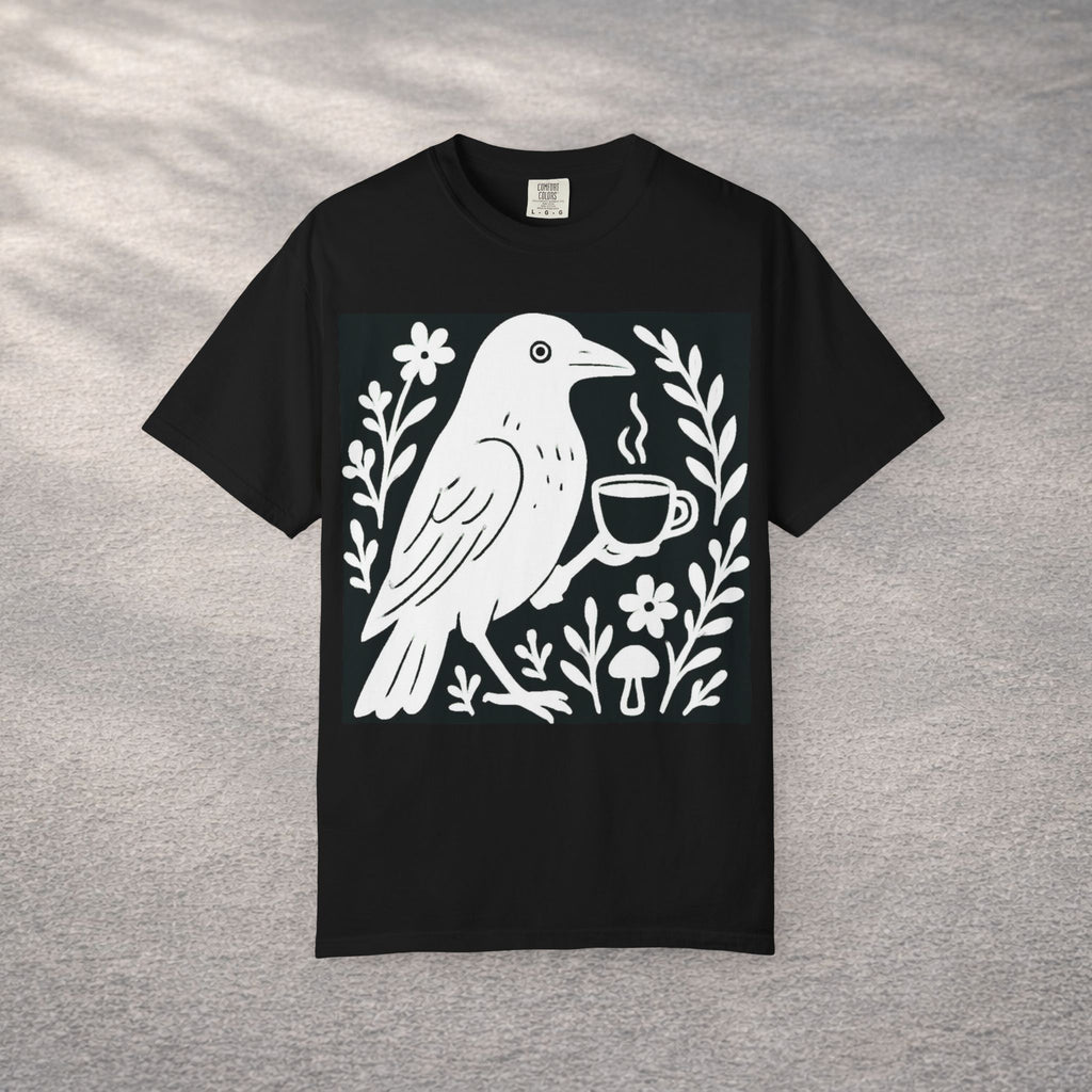 Cute Crow Drinking Coffee T-Shirt — Funny Coffee Bird Tee