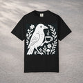 Cute Crow Drinking Coffee T-Shirt — Funny Coffee Bird Tee