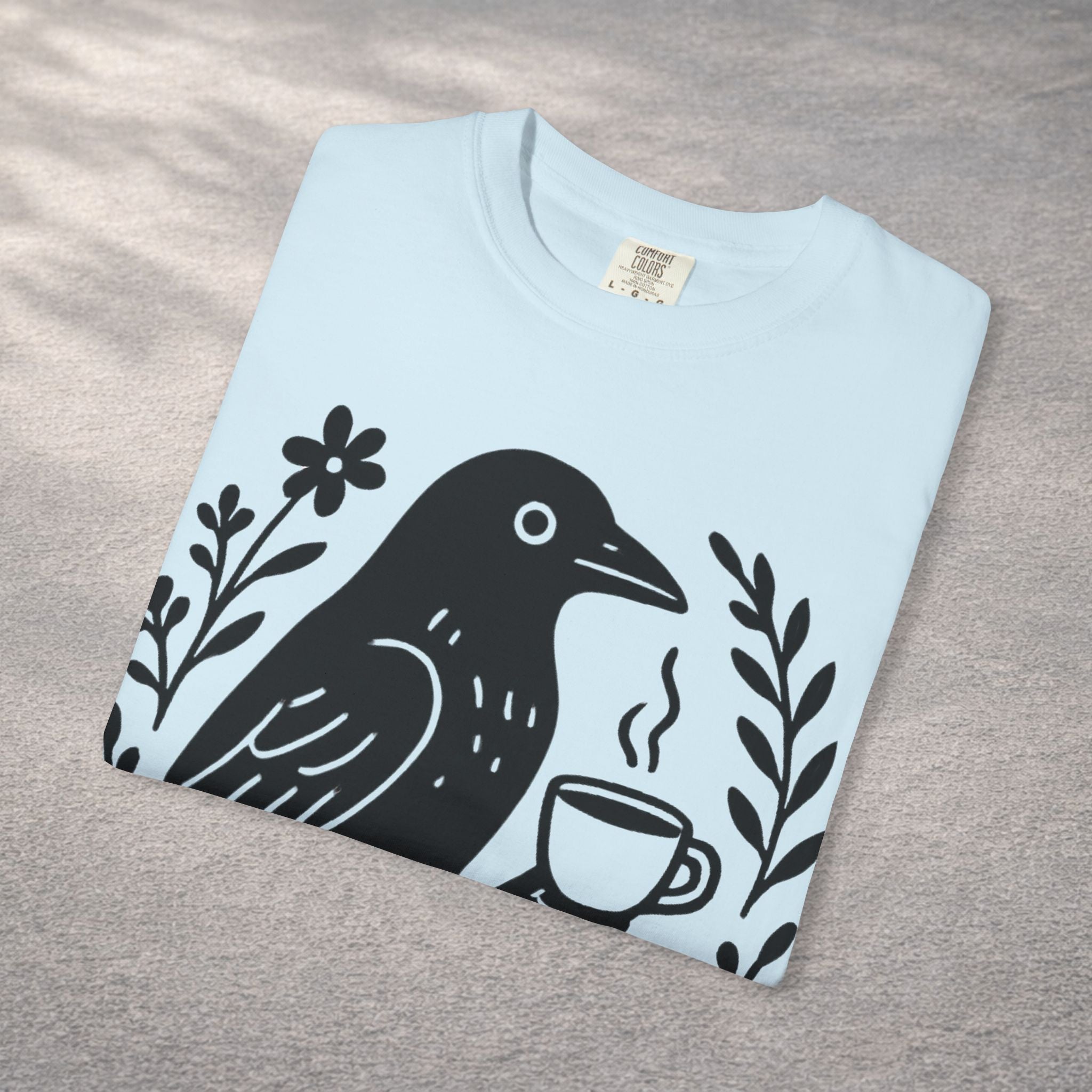 Cute Crow Drinking Coffee T-Shirt — Funny Coffee Bird Tee