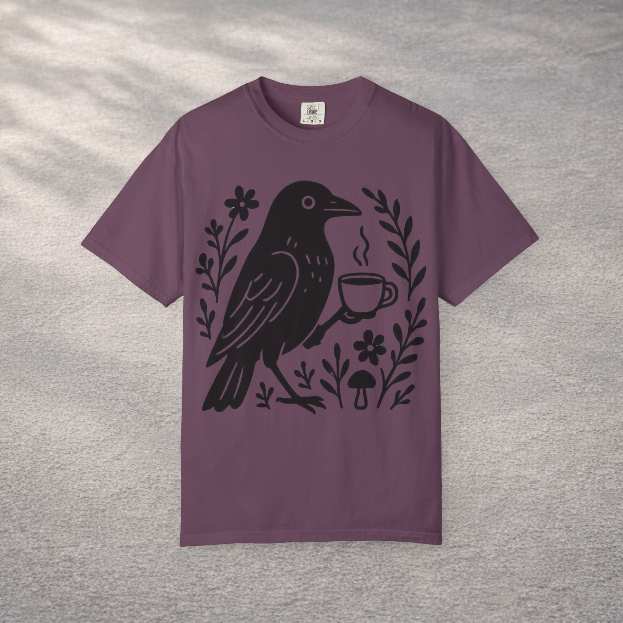 Cute Crow Drinking Coffee T-Shirt — Funny Coffee Bird Tee