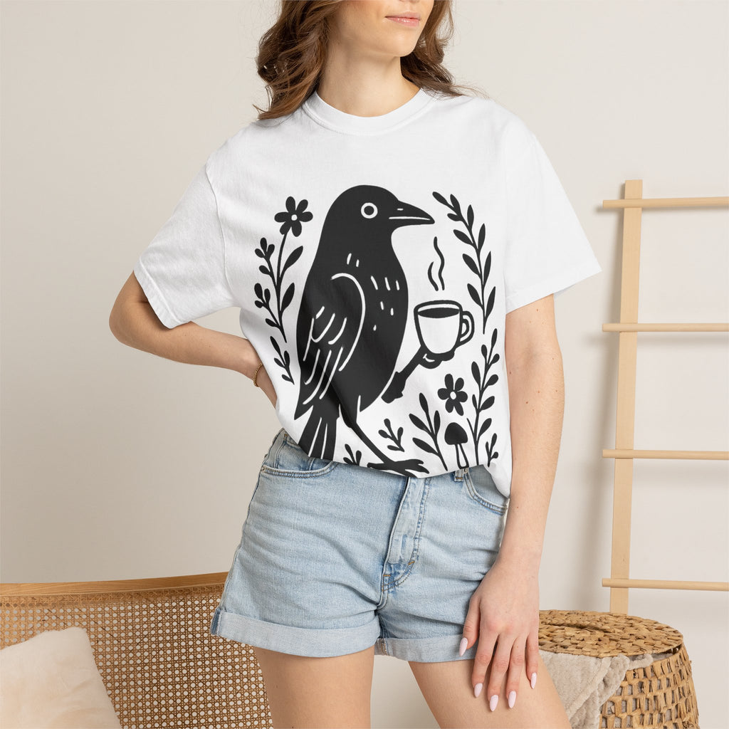 Cute Crow Drinking Coffee T-Shirt — Funny Coffee Bird Tee