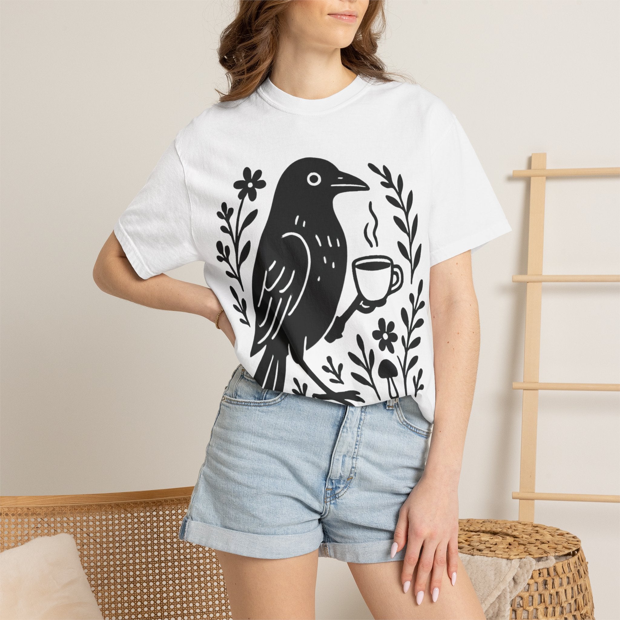 Cute Crow Drinking Coffee T-Shirt — Funny Coffee Bird Tee