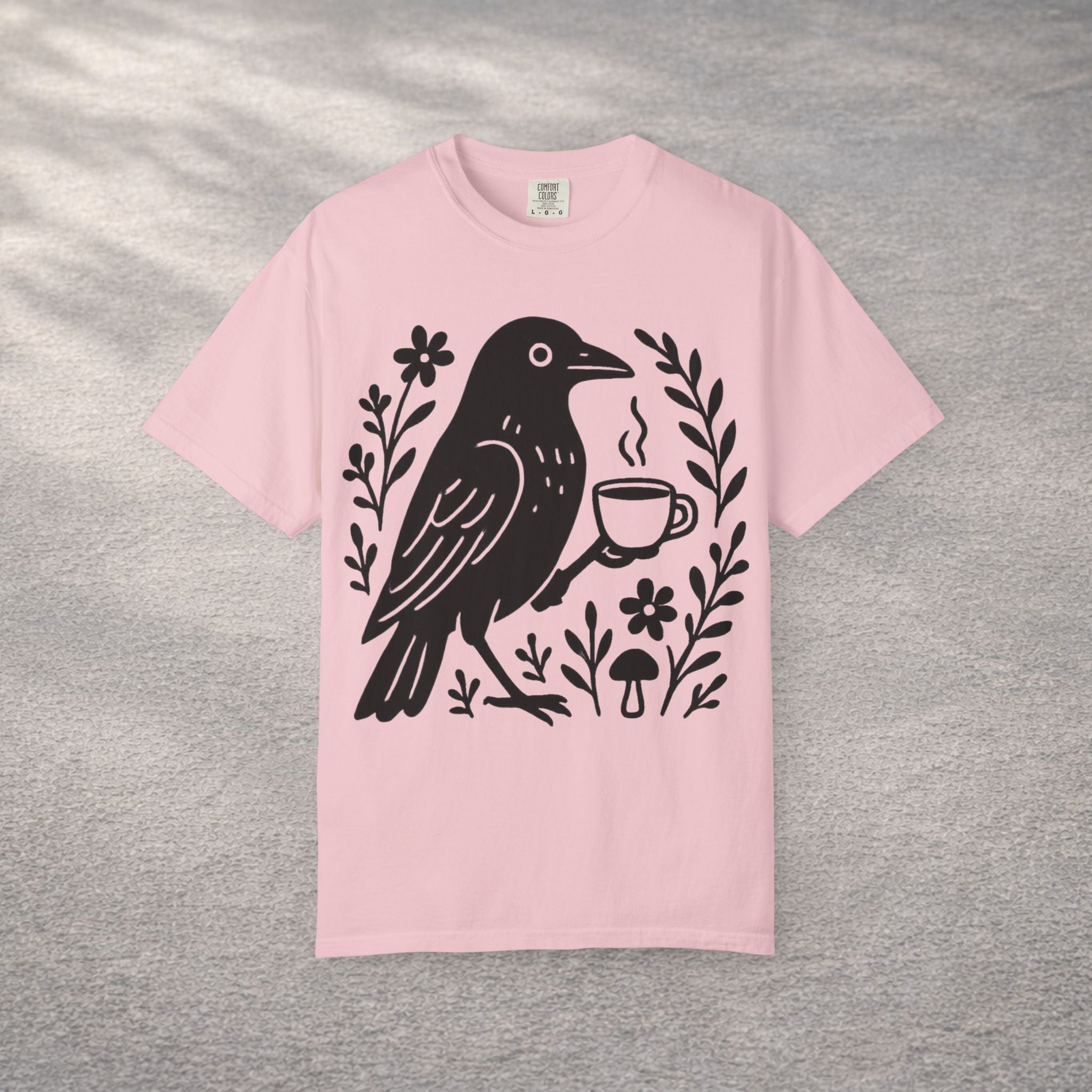 Cute Crow Drinking Coffee T-Shirt — Funny Coffee Bird Tee
