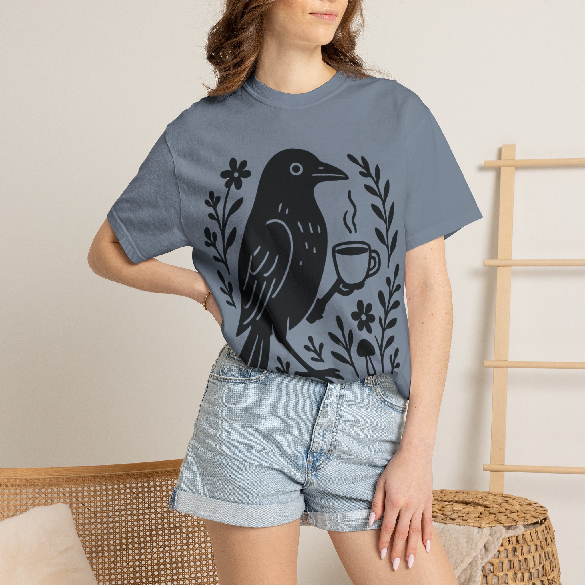 Cute Crow Drinking Coffee T-Shirt — Funny Coffee Bird Tee