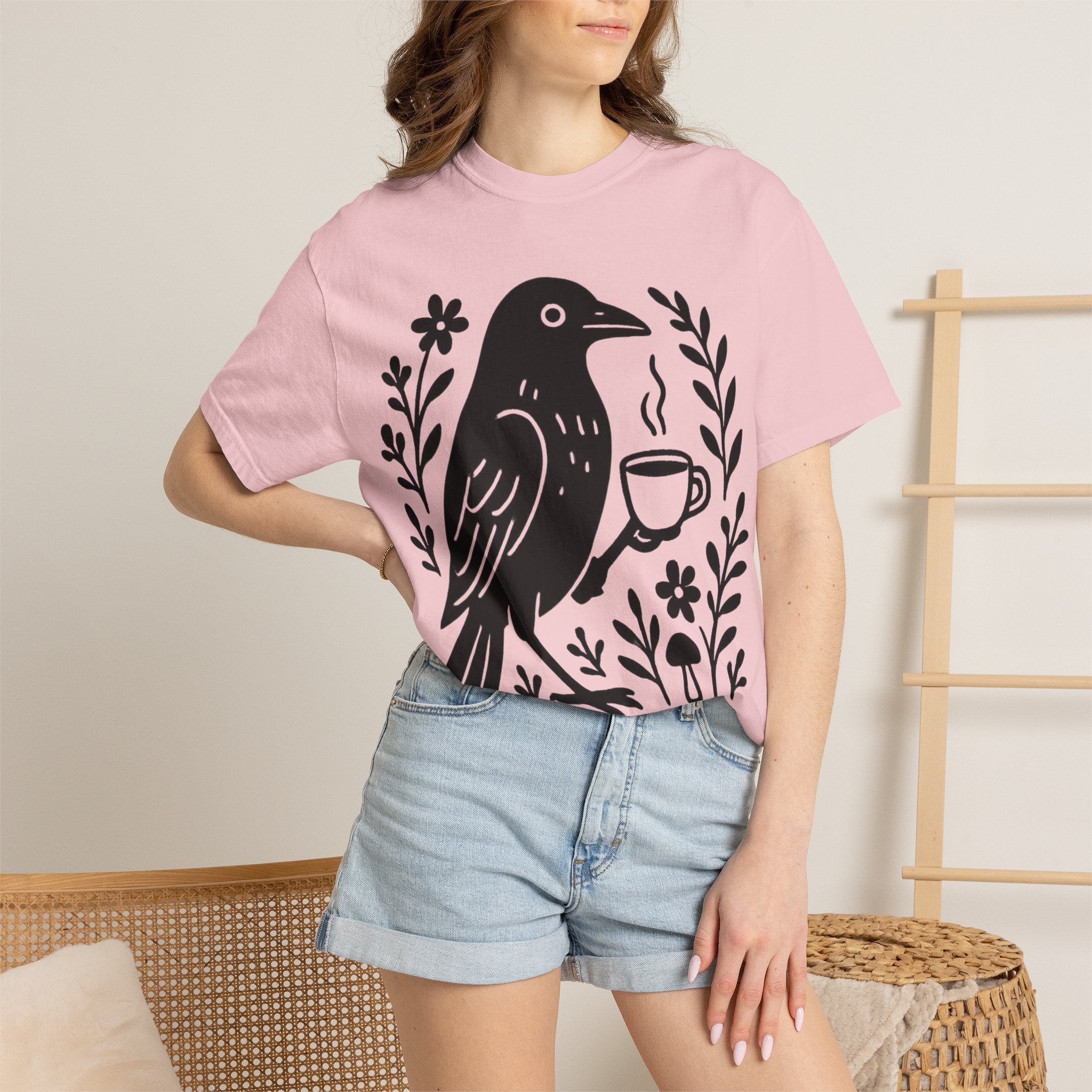 Cute Crow Drinking Coffee T-Shirt — Funny Coffee Bird Tee