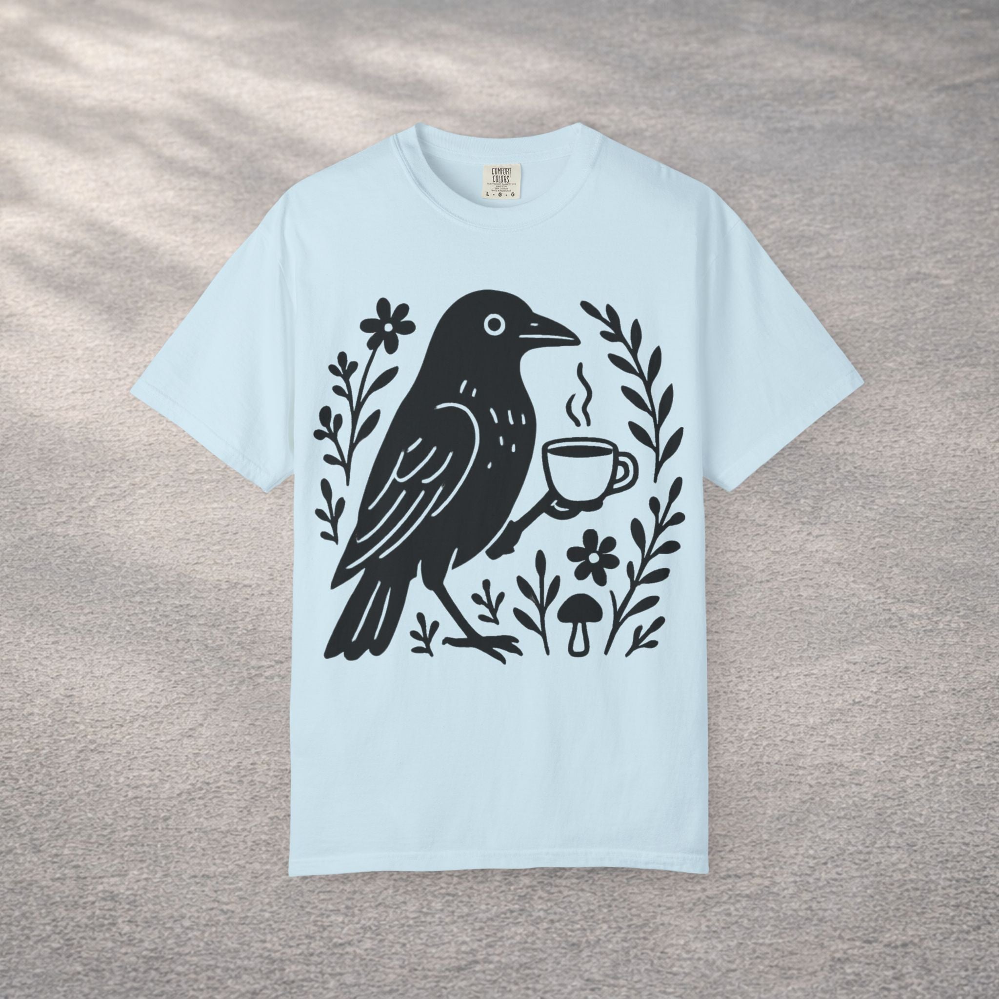 Cute Crow Drinking Coffee T-Shirt — Funny Coffee Bird Tee