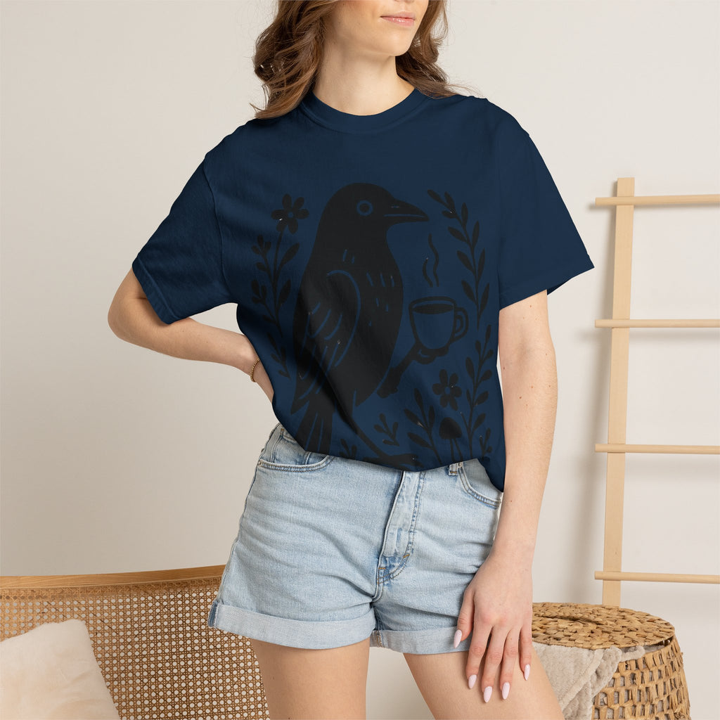 Cute Crow Drinking Coffee T-Shirt — Funny Coffee Bird Tee