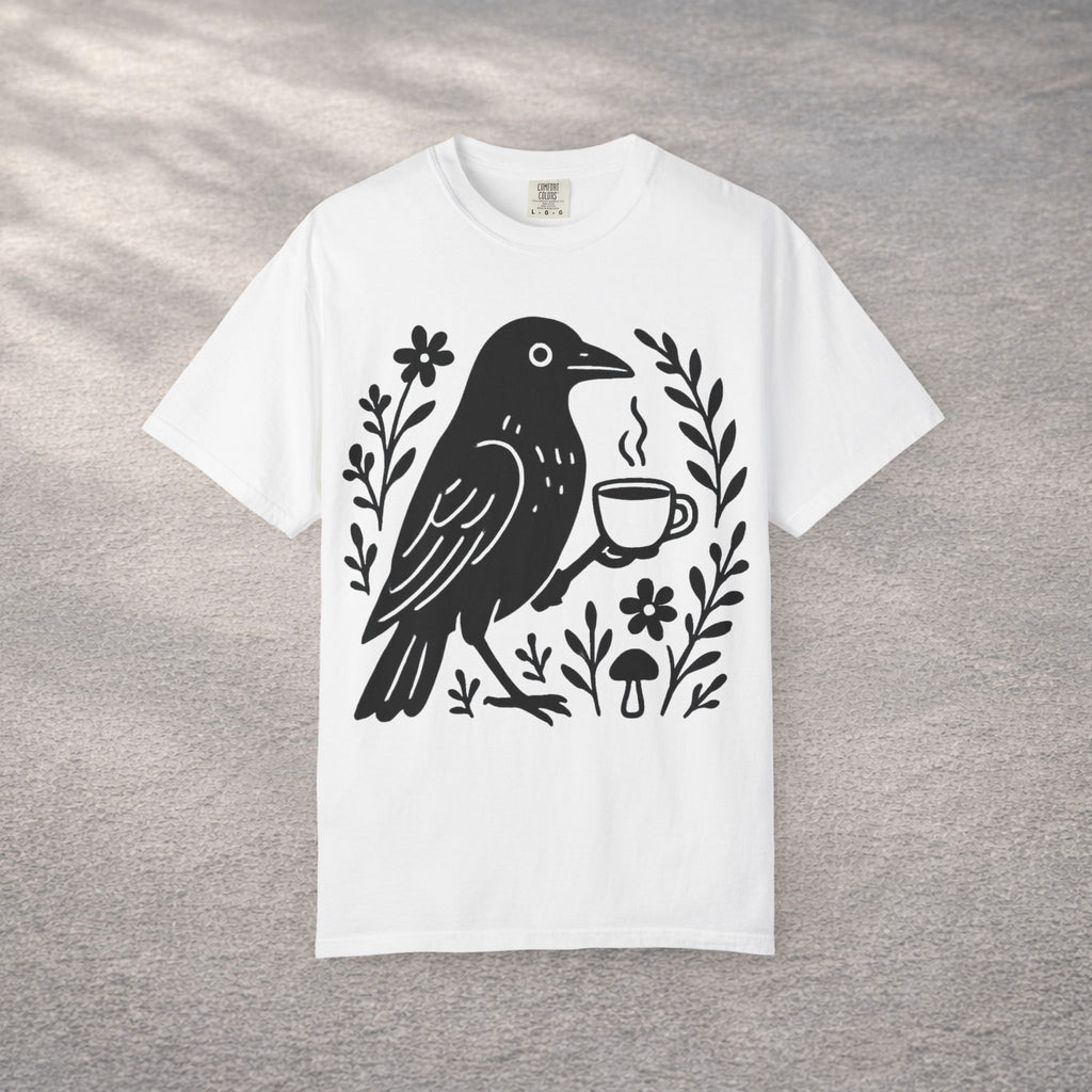 Cute Crow Drinking Coffee T-Shirt — Funny Coffee Bird Tee