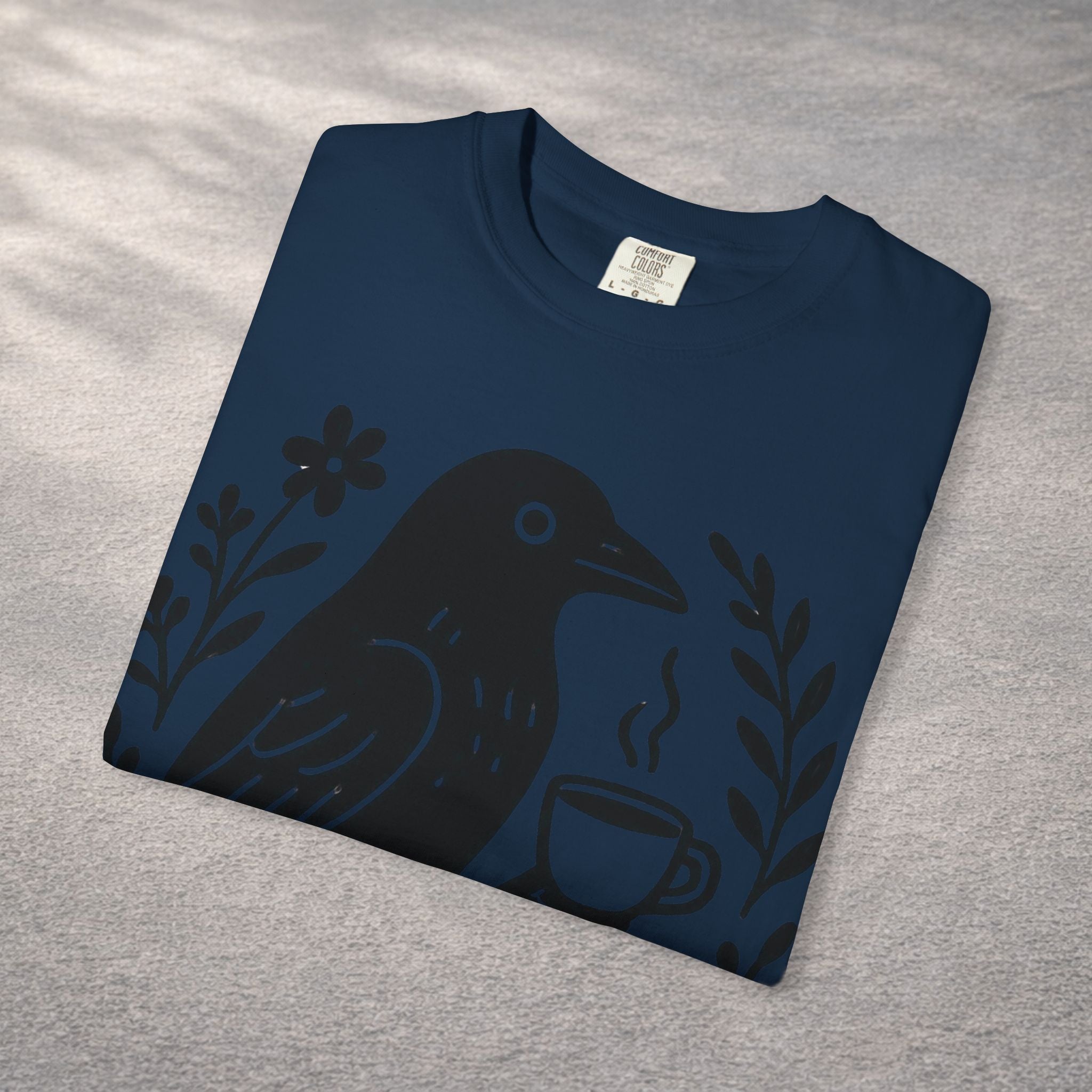 Cute Crow Drinking Coffee T-Shirt — Funny Coffee Bird Tee