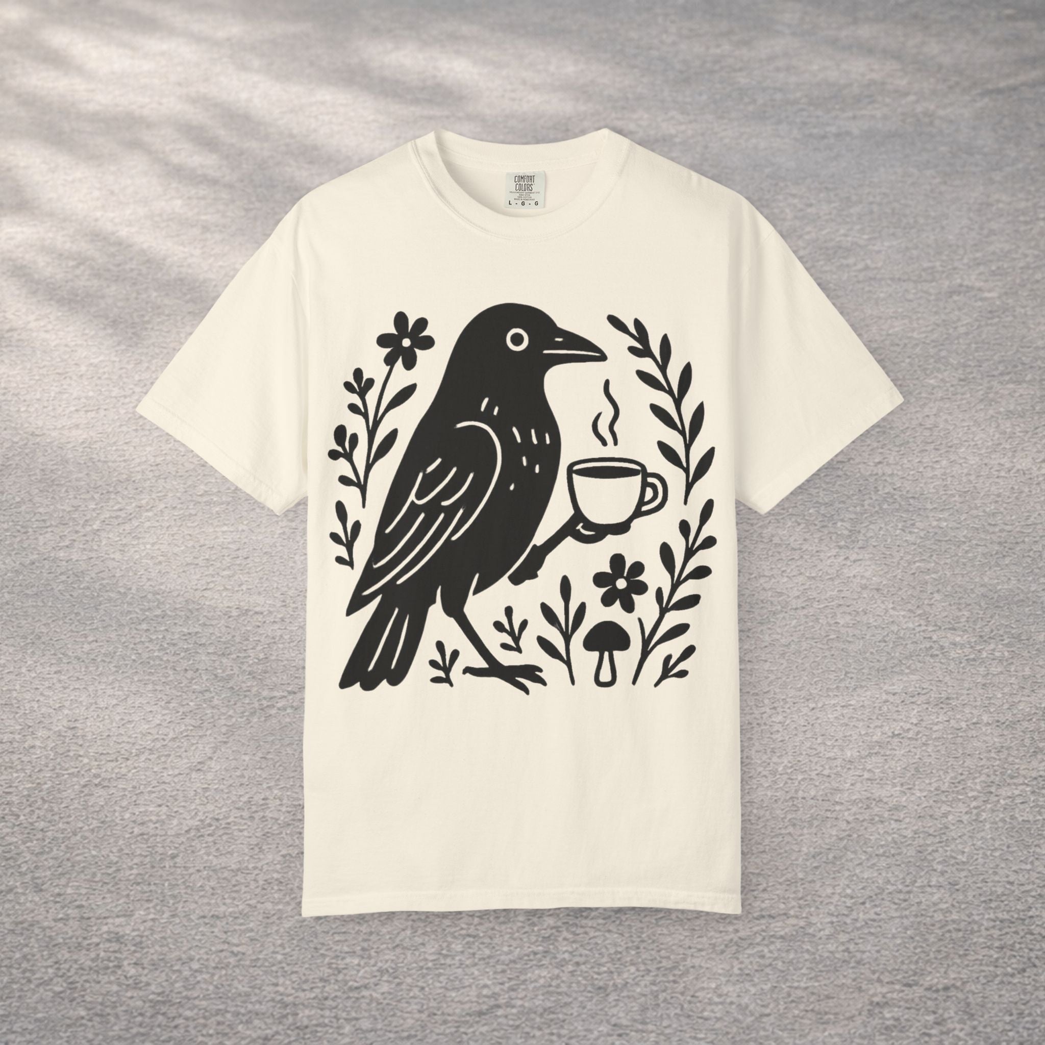 Cute Crow Drinking Coffee T-Shirt — Funny Coffee Bird Tee