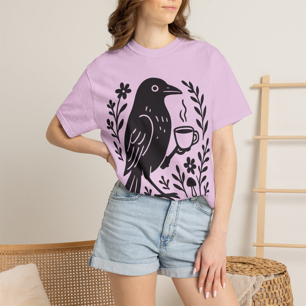 Cute Crow Drinking Coffee T-Shirt — Funny Coffee Bird Tee