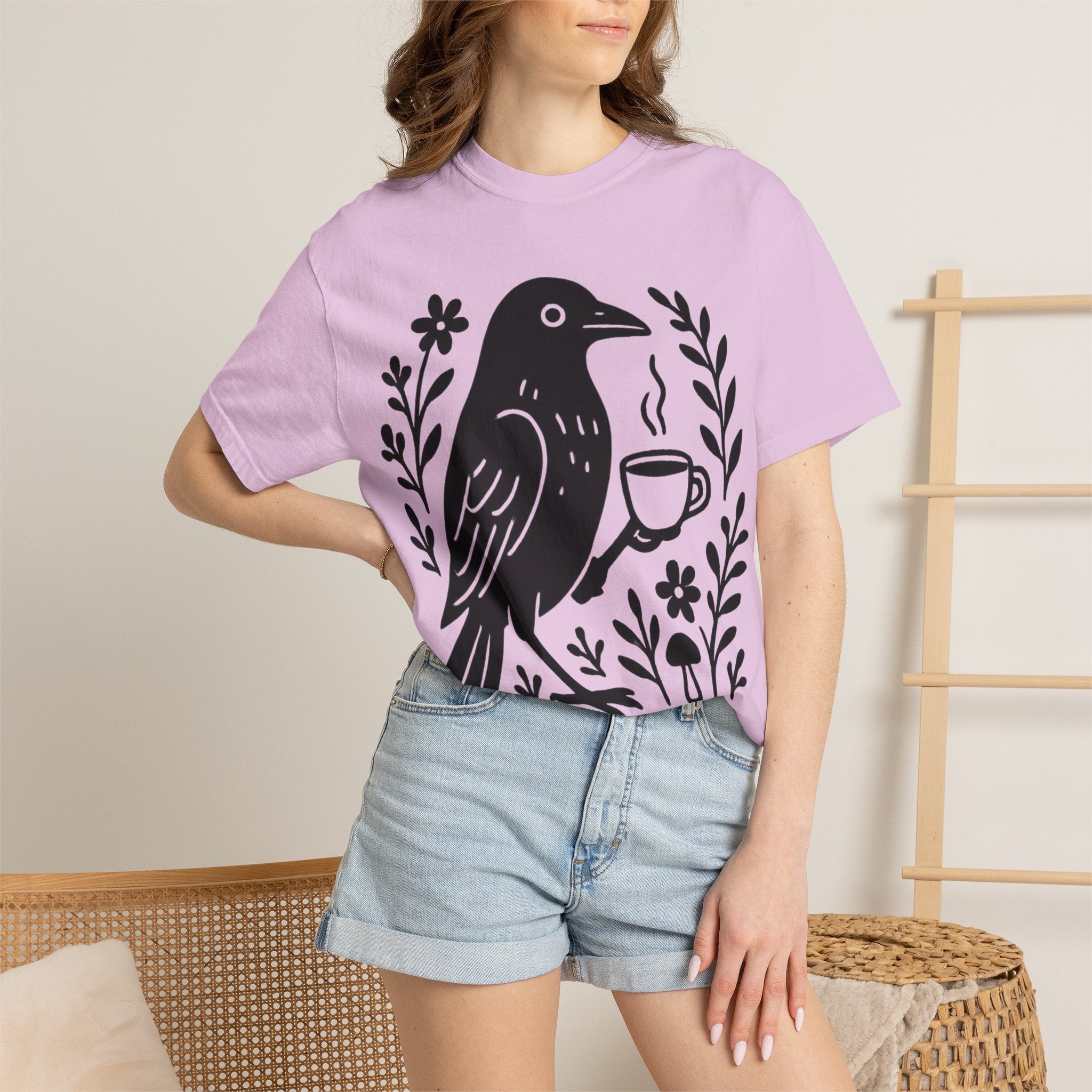 Cute Crow Drinking Coffee T-Shirt — Funny Coffee Bird Tee
