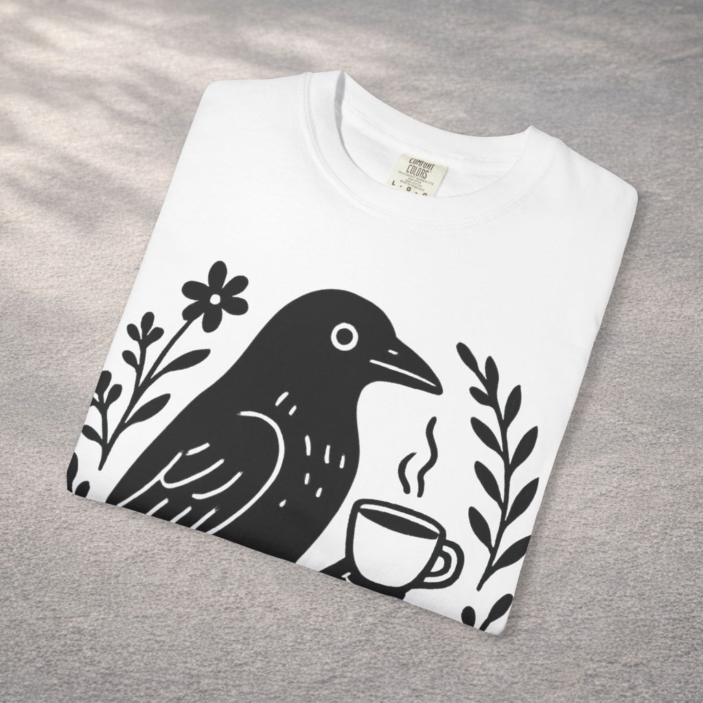 Cute Crow Drinking Coffee T-Shirt — Funny Coffee Bird Tee