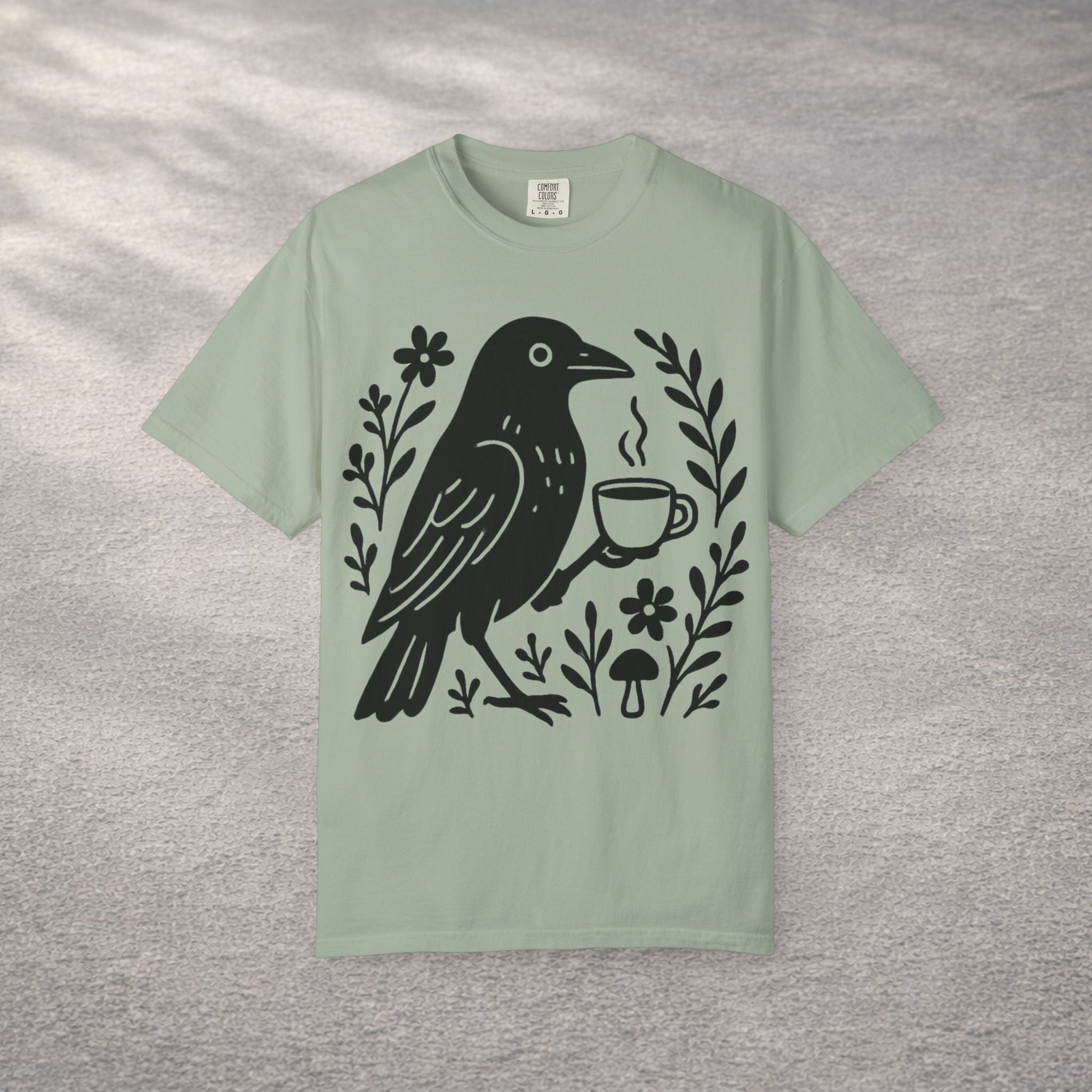 Cute Crow Drinking Coffee T-Shirt — Funny Coffee Bird Tee