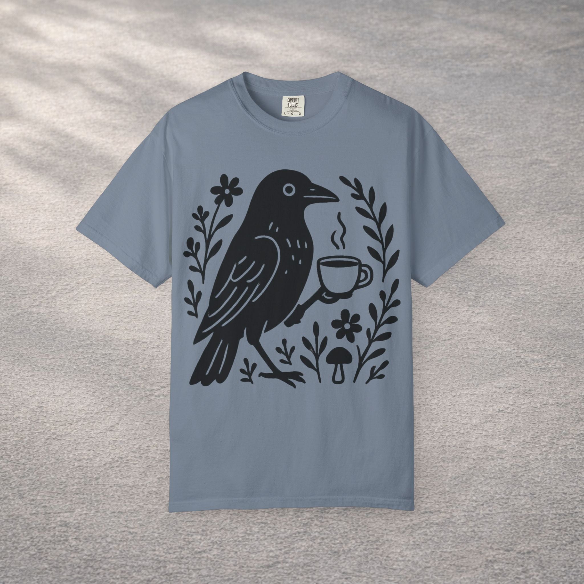 Cute Crow Drinking Coffee T-Shirt — Funny Coffee Bird Tee