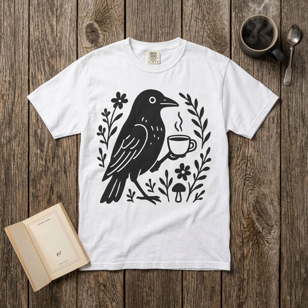 Cute Crow Drinking Coffee T-Shirt — Funny Coffee Bird Tee