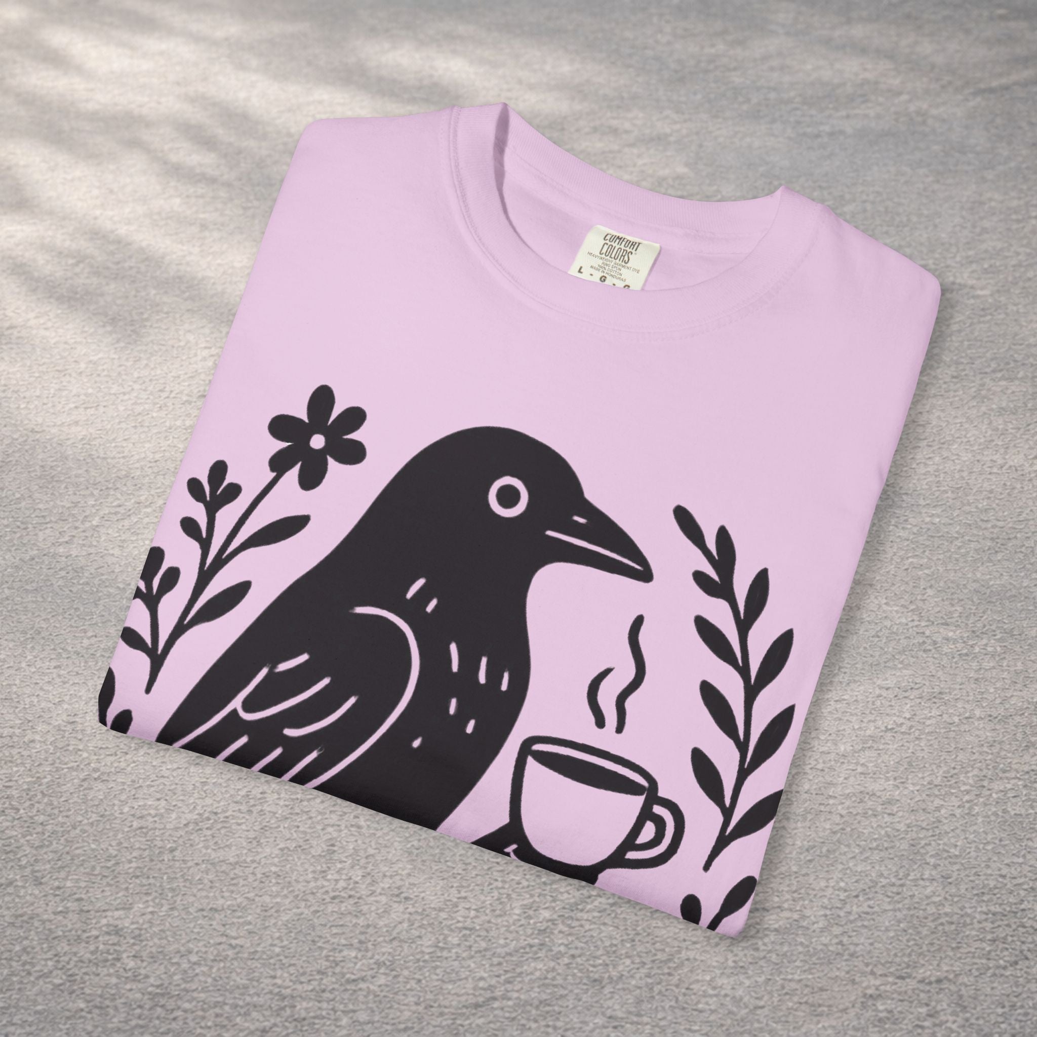 Cute Crow Drinking Coffee T-Shirt — Funny Coffee Bird Tee