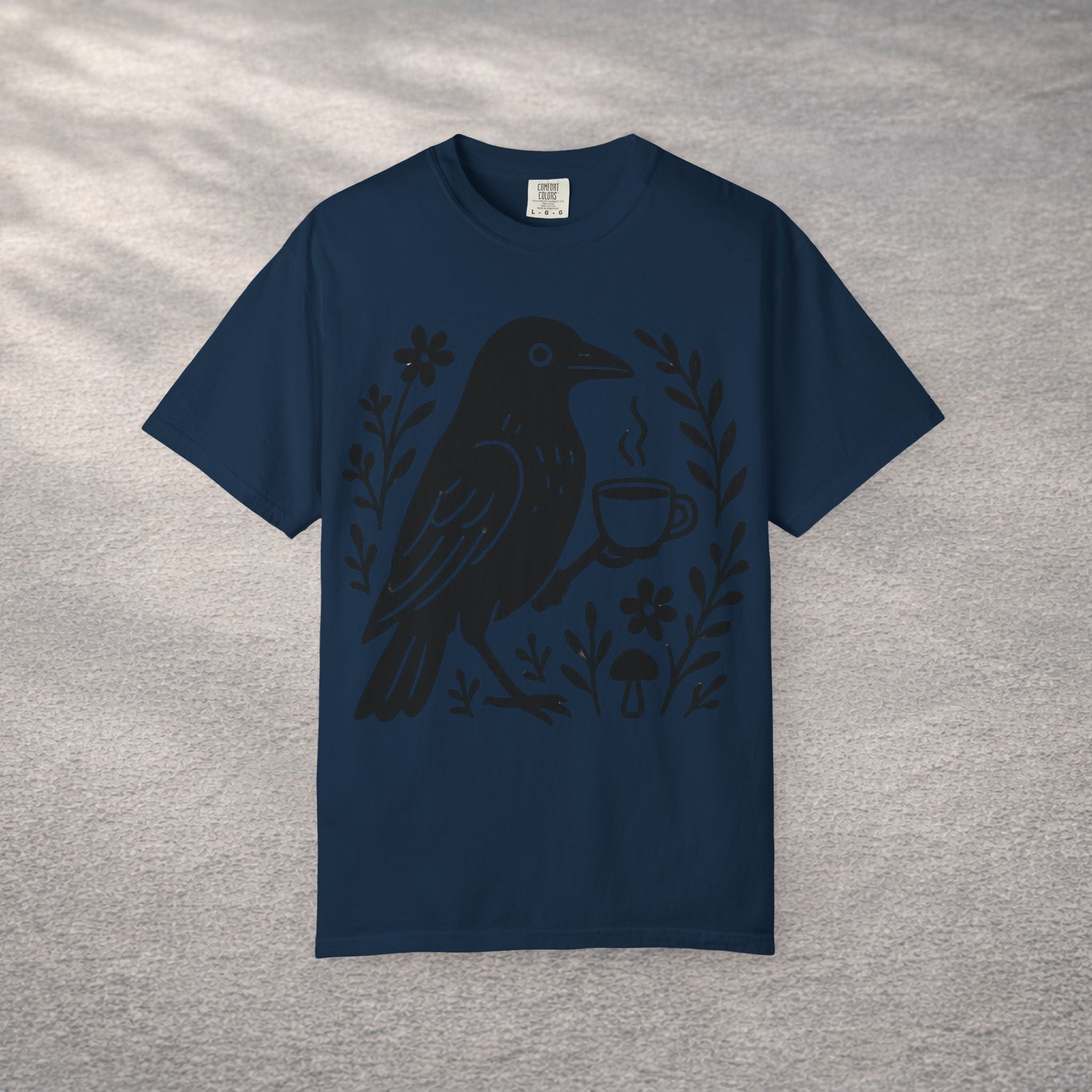Cute Crow Drinking Coffee T-Shirt — Funny Coffee Bird Tee
