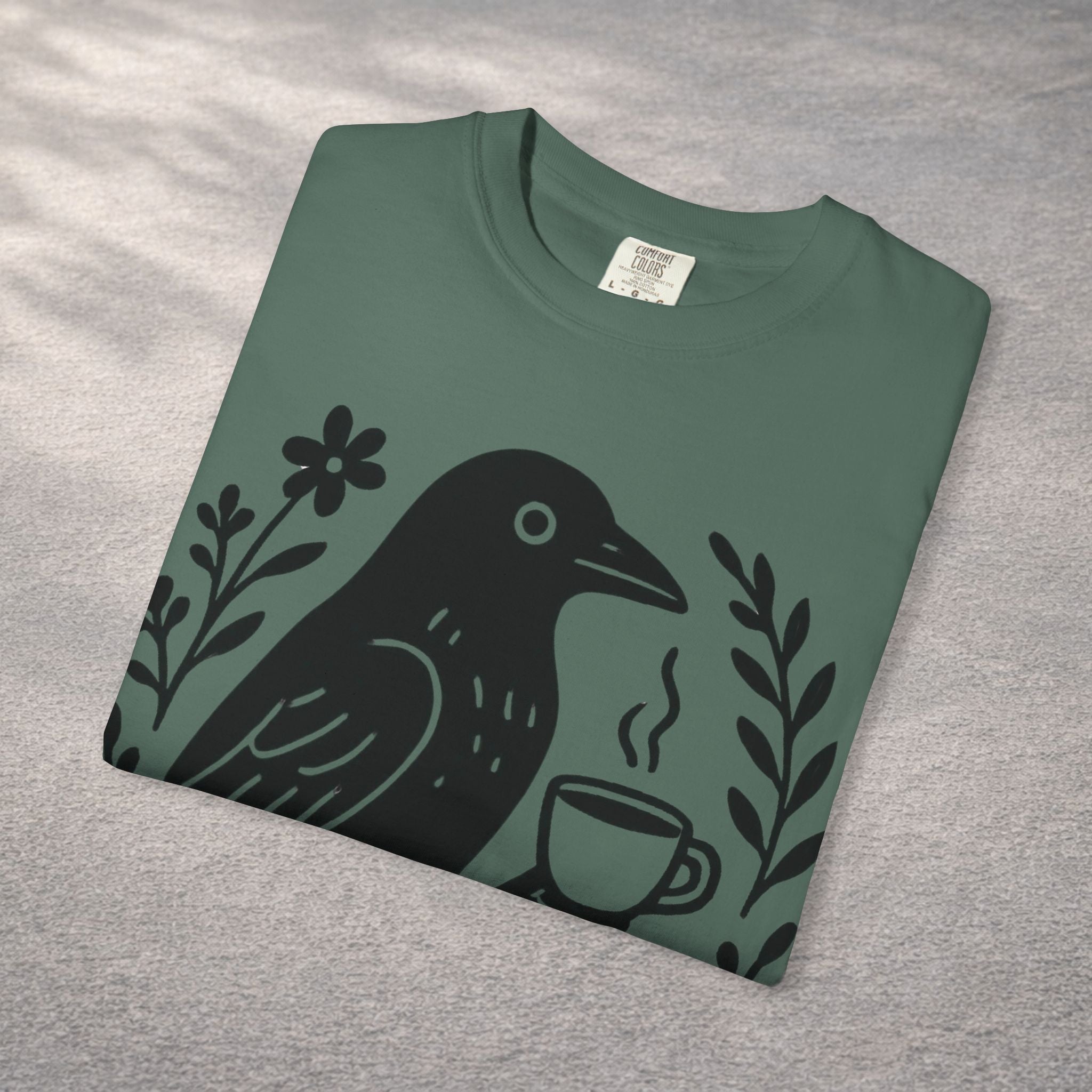 Cute Crow Drinking Coffee T-Shirt — Funny Coffee Bird Tee