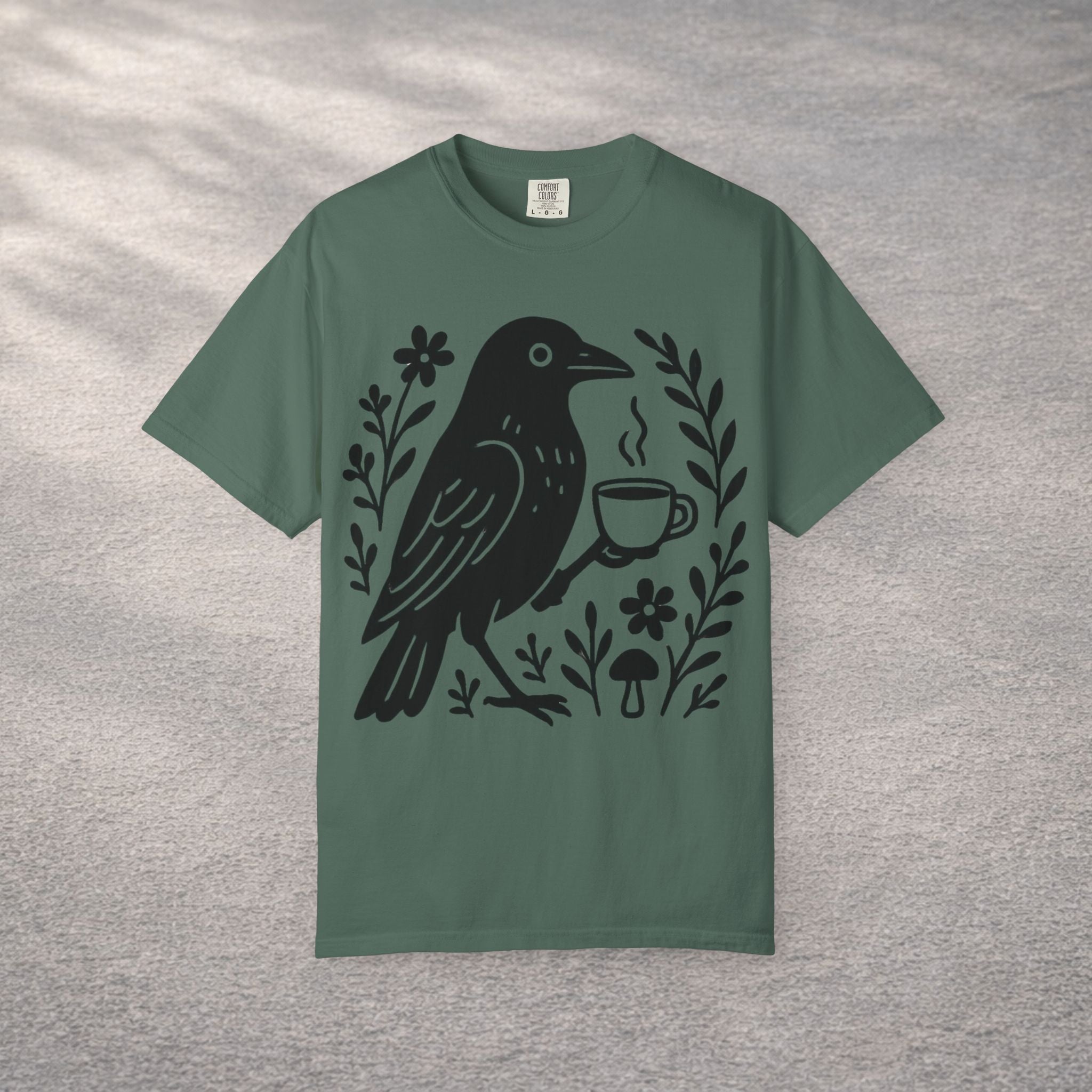 Cute Crow Drinking Coffee T-Shirt — Funny Coffee Bird Tee