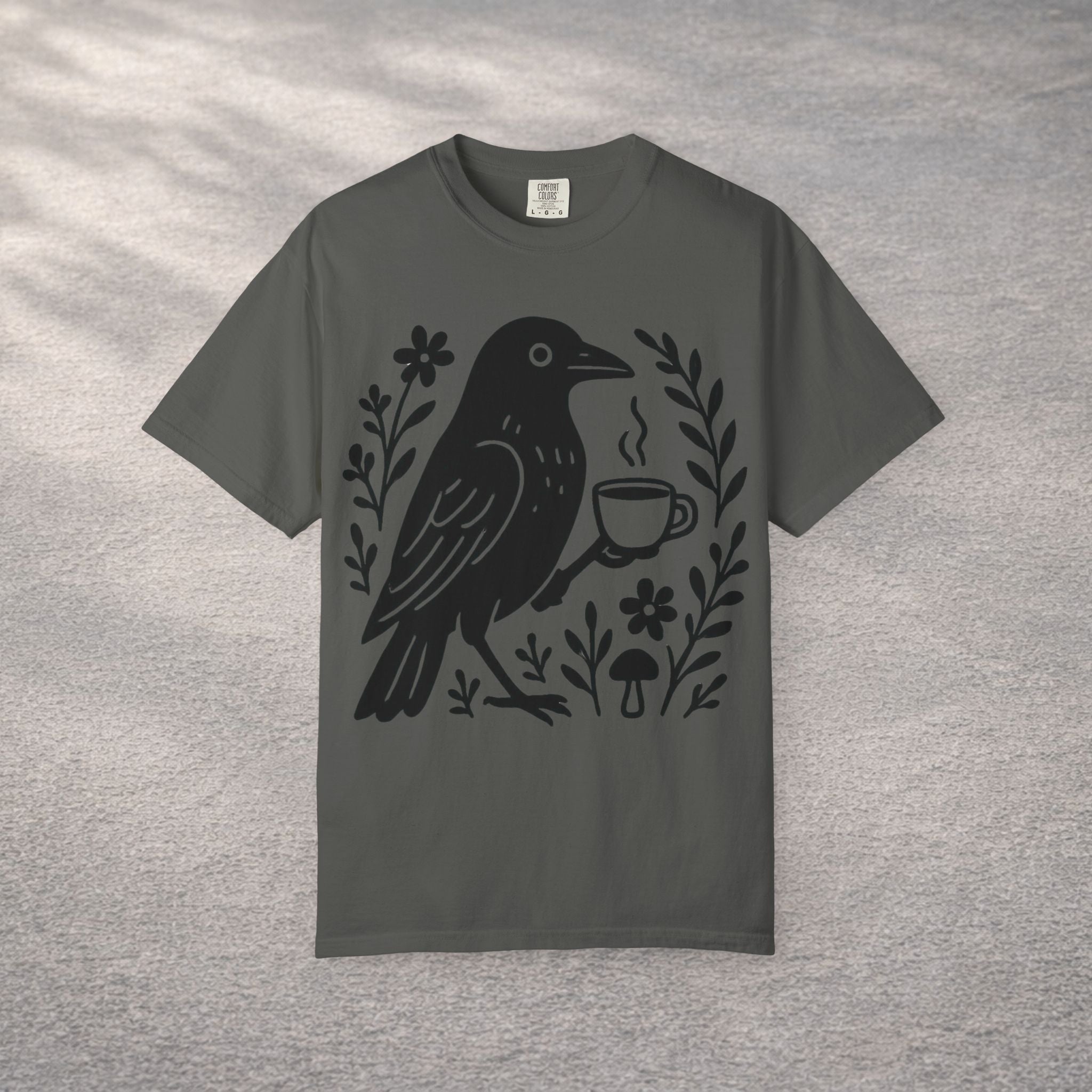 Cute Crow Drinking Coffee T-Shirt — Funny Coffee Bird Tee