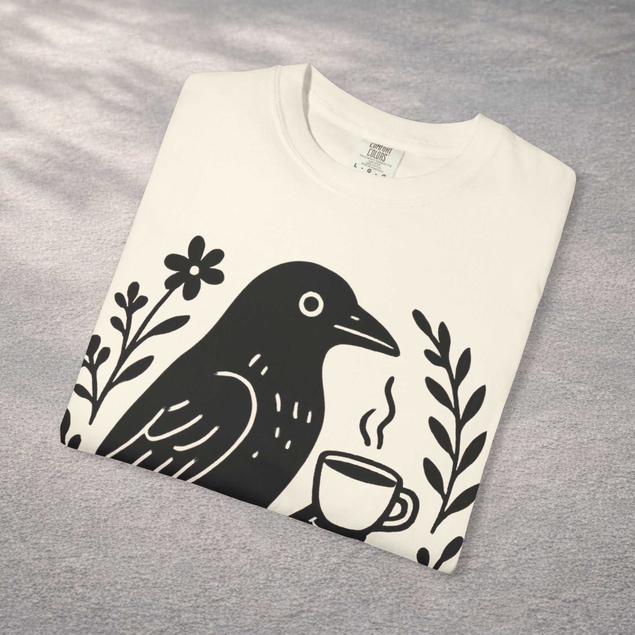 Cute Crow Drinking Coffee T-Shirt — Funny Coffee Bird Tee