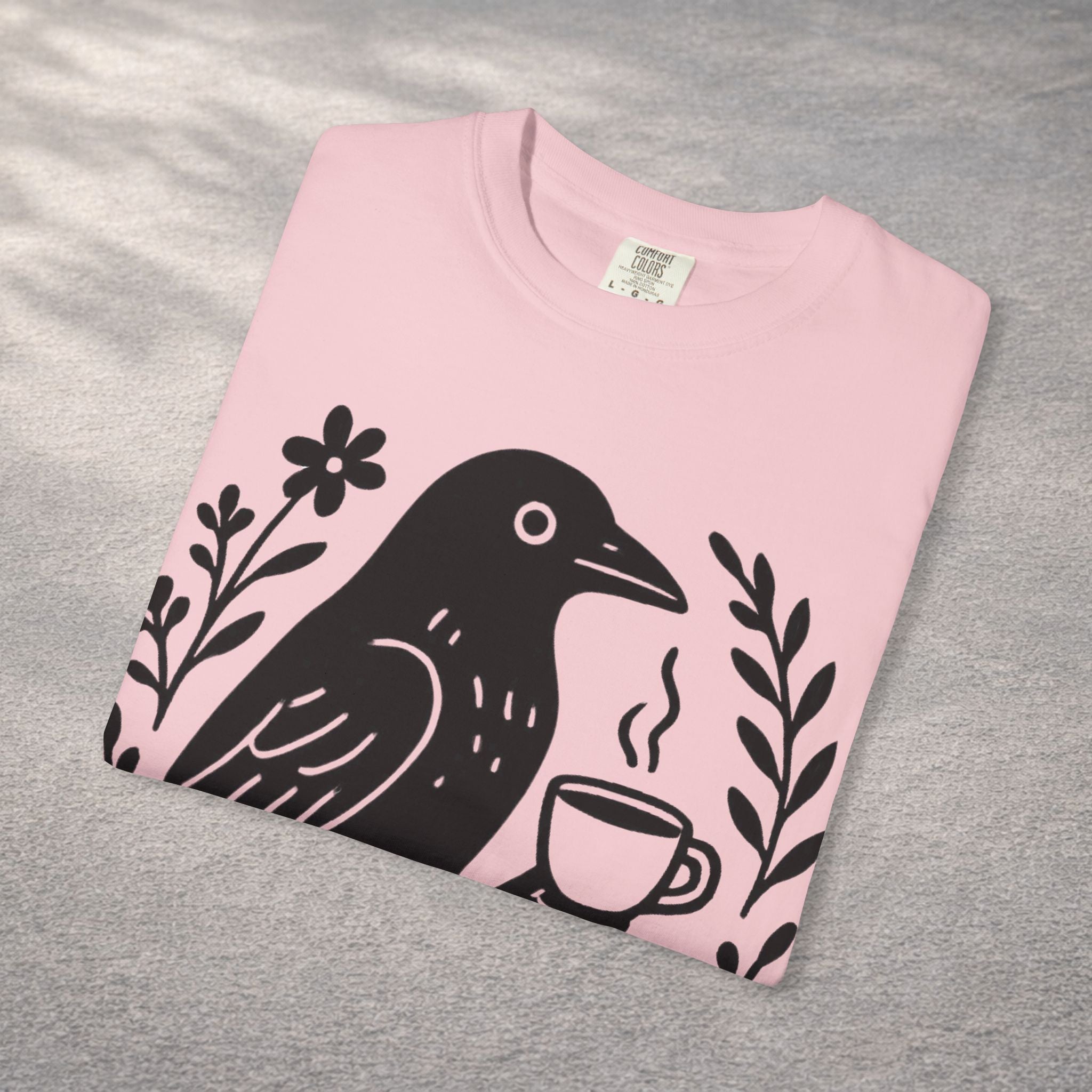 Cute Crow Drinking Coffee T-Shirt — Funny Coffee Bird Tee