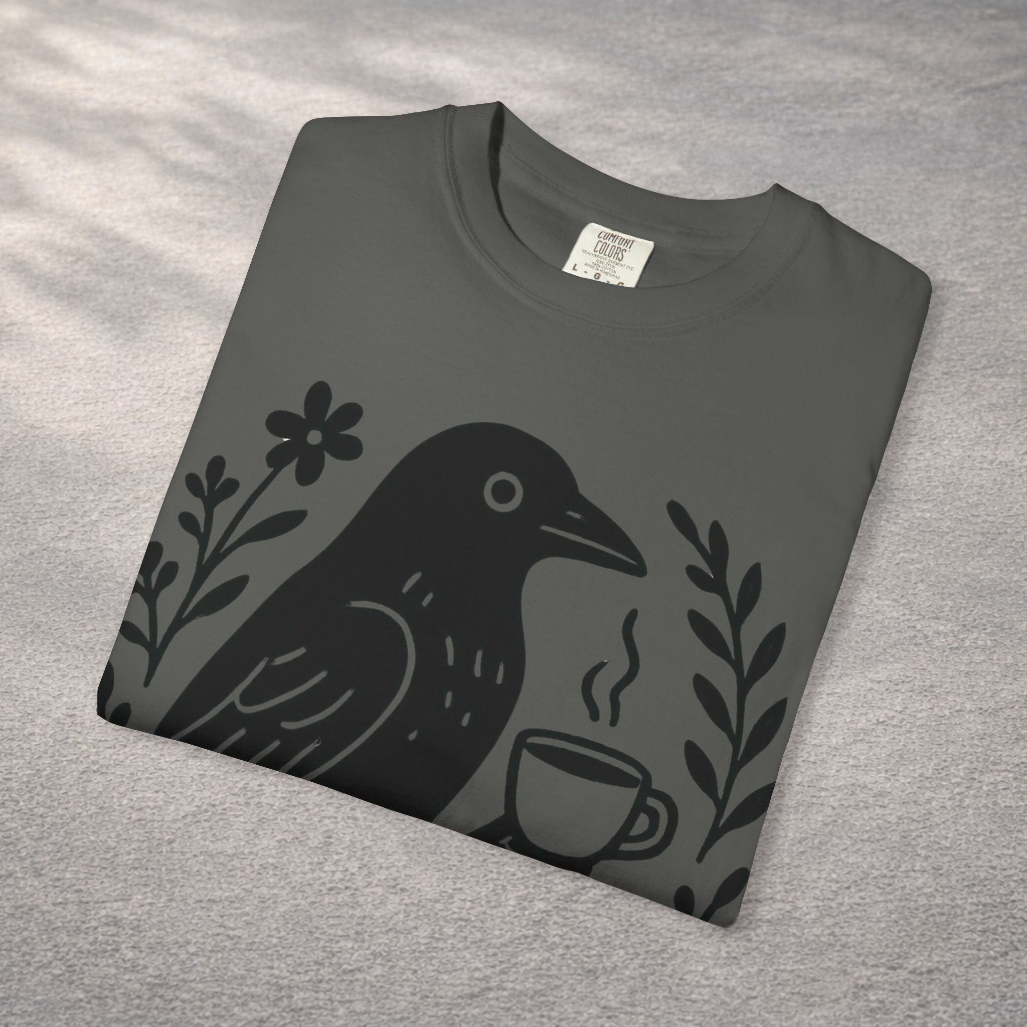 Cute Crow Drinking Coffee T-Shirt — Funny Coffee Bird Tee