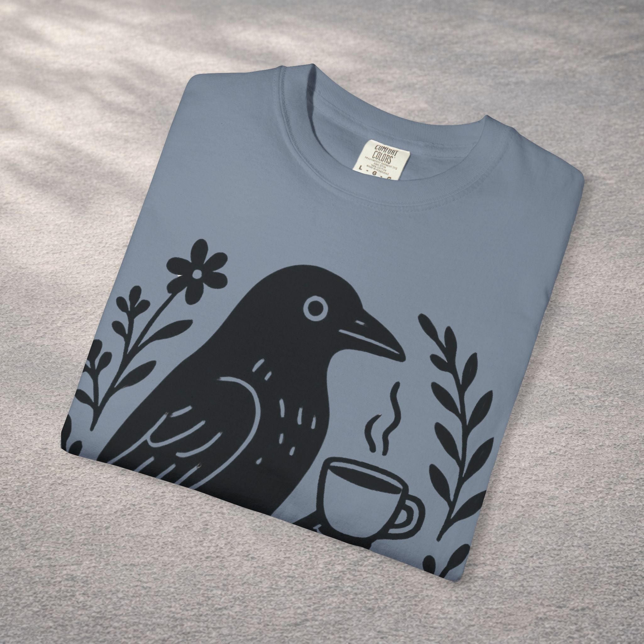 Cute Crow Drinking Coffee T-Shirt — Funny Coffee Bird Tee