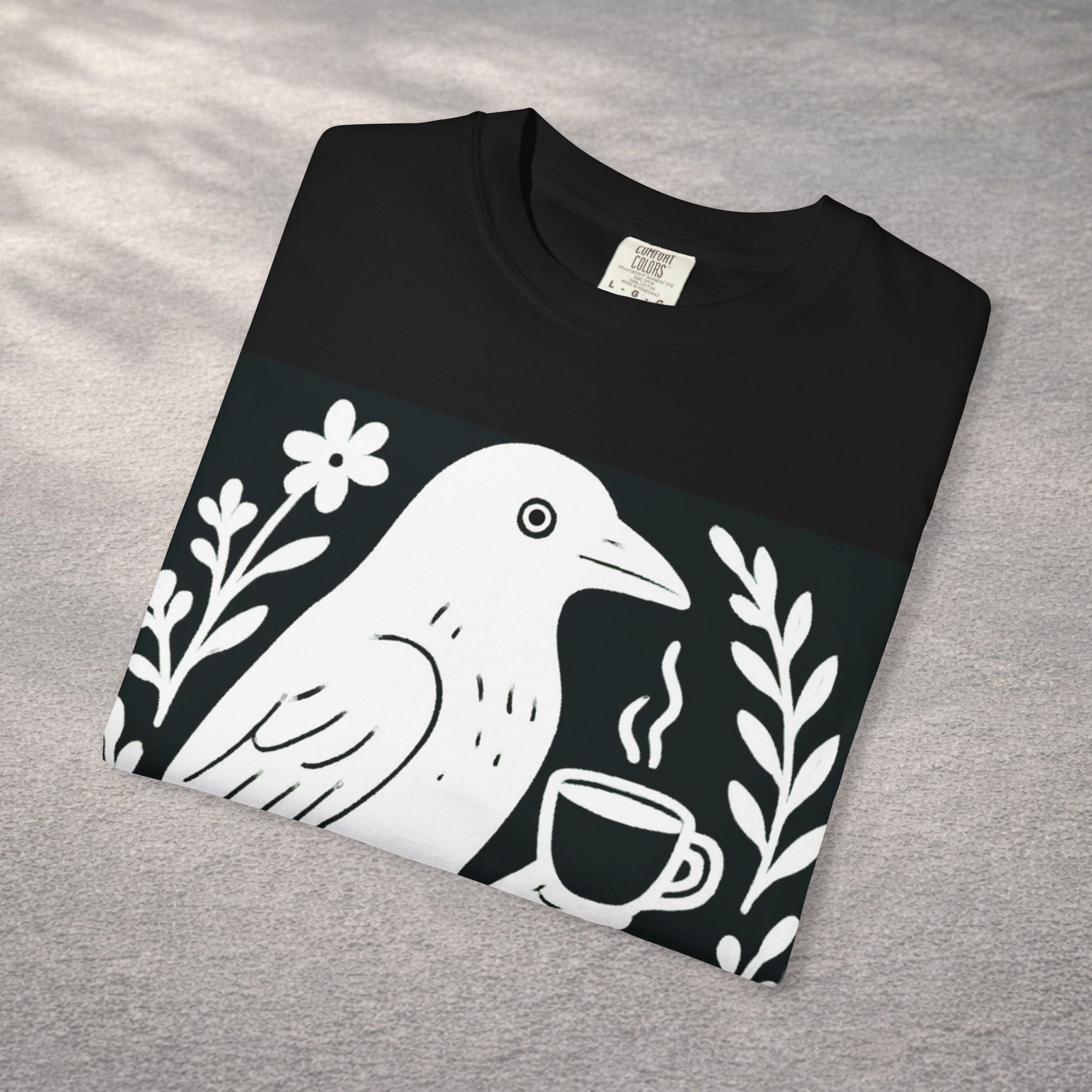 Cute Crow Drinking Coffee T-Shirt — Funny Coffee Bird Tee