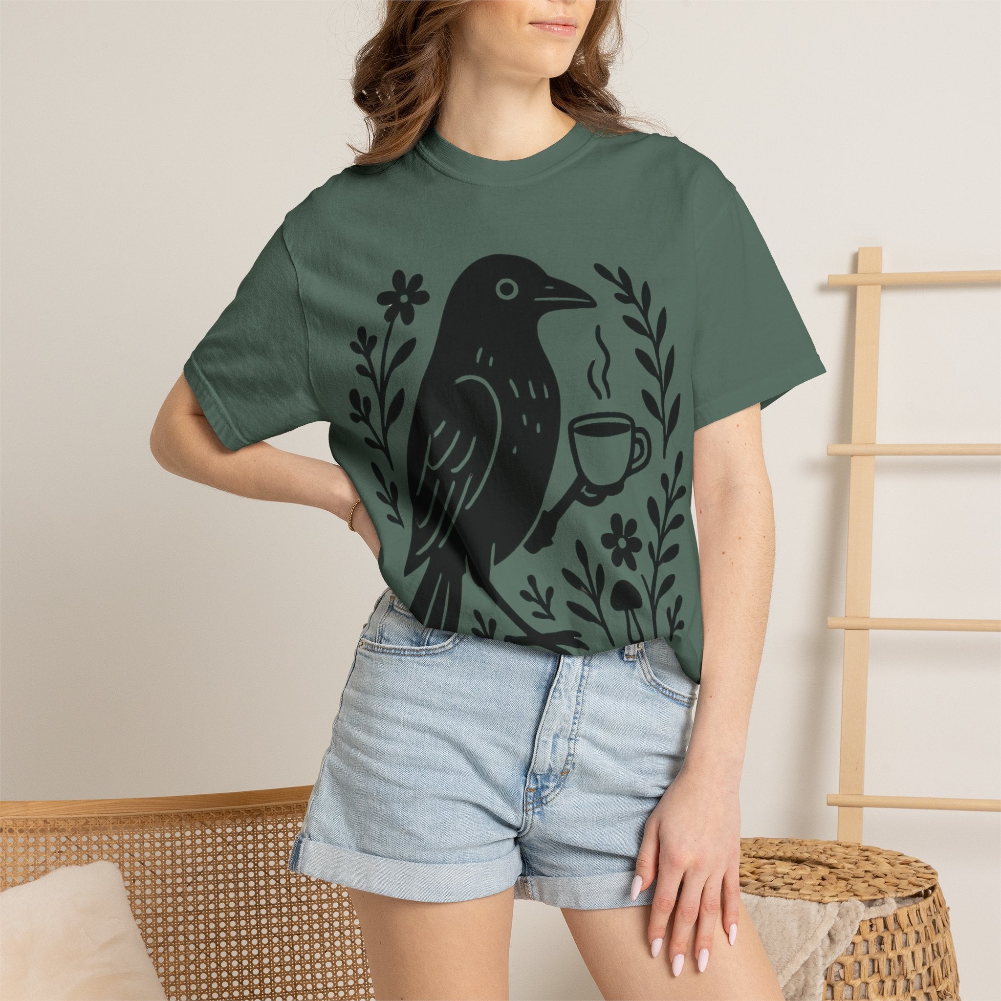 Cute Crow Drinking Coffee T-Shirt — Funny Coffee Bird Tee