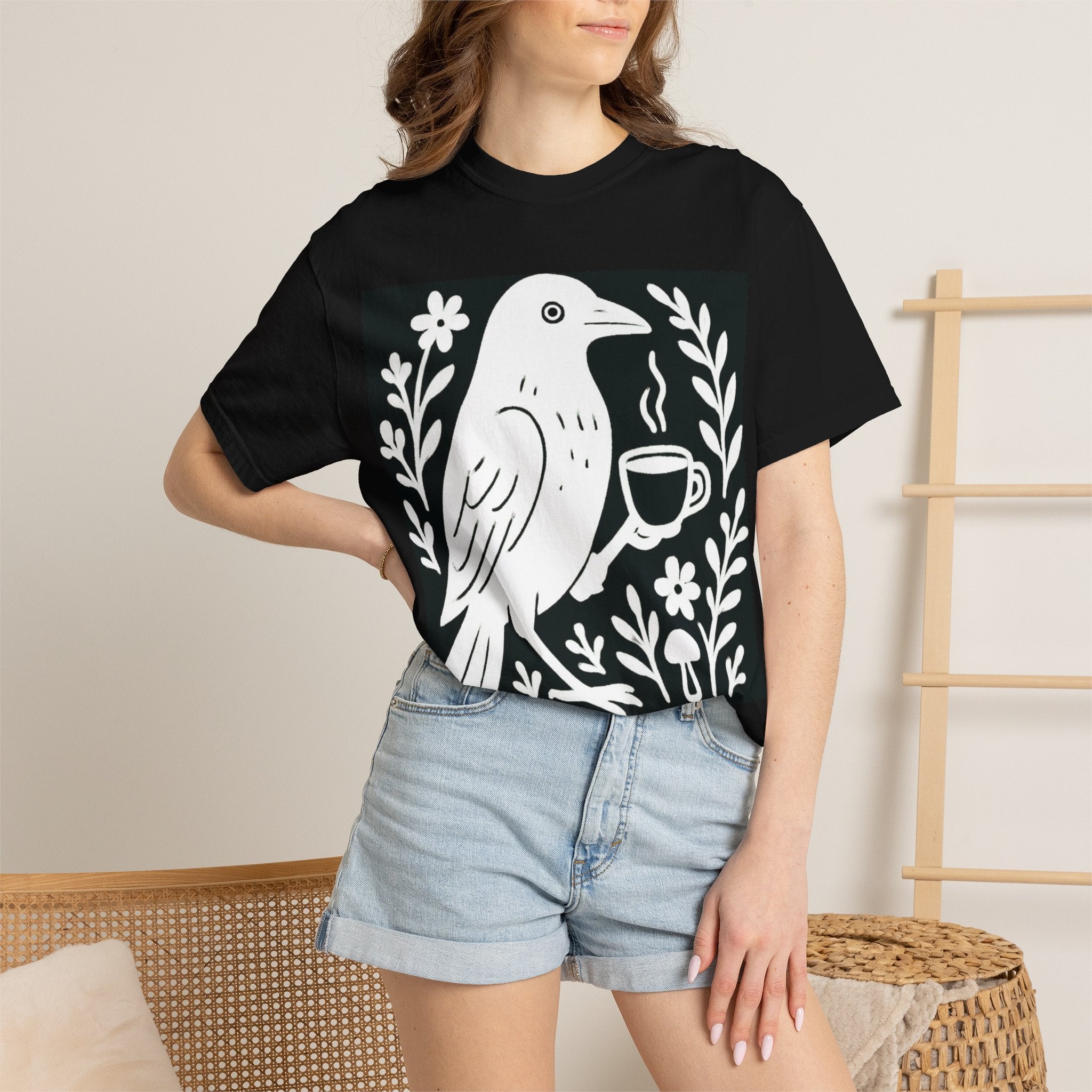 Cute Crow Drinking Coffee T-Shirt — Funny Coffee Bird Tee